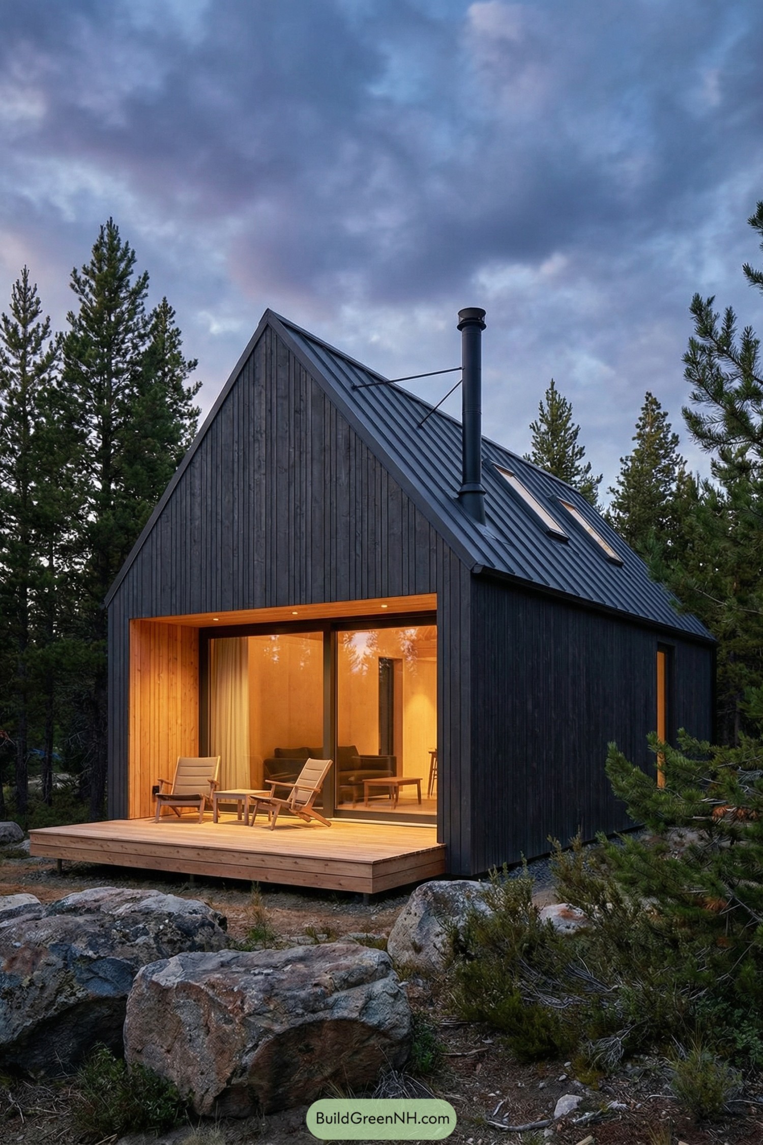 Small dark-clad cabin with a warm glowing interior, large glass doors, and a simple porch in a forest setting