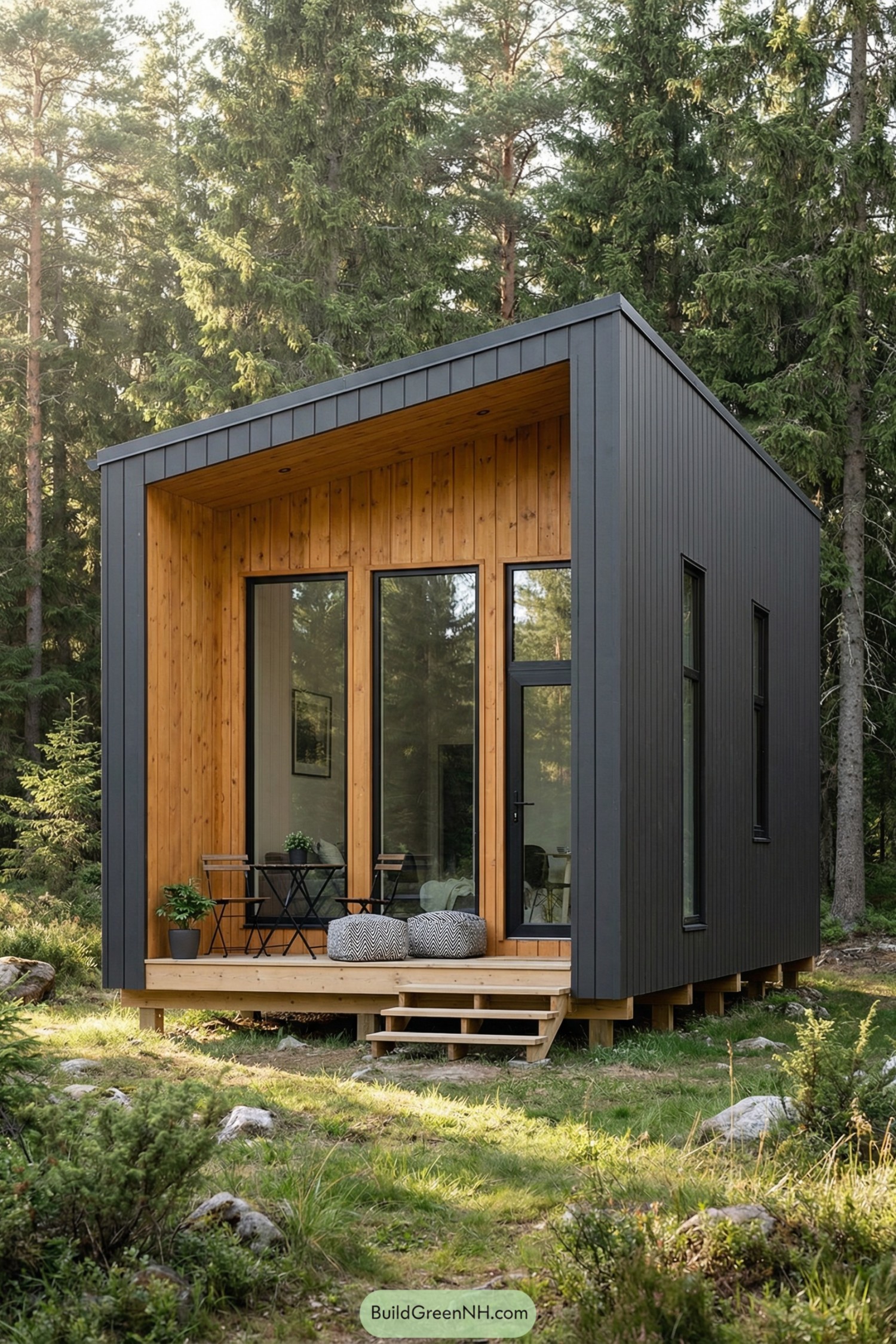 Small black and wood cabin in a forest clearing