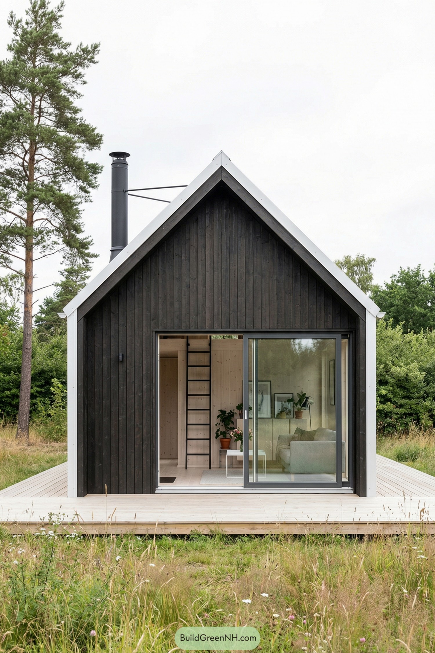 Compact black-wood cabin with tall gable roof and large glass sliding door on a light timber deck in a grassy clearing