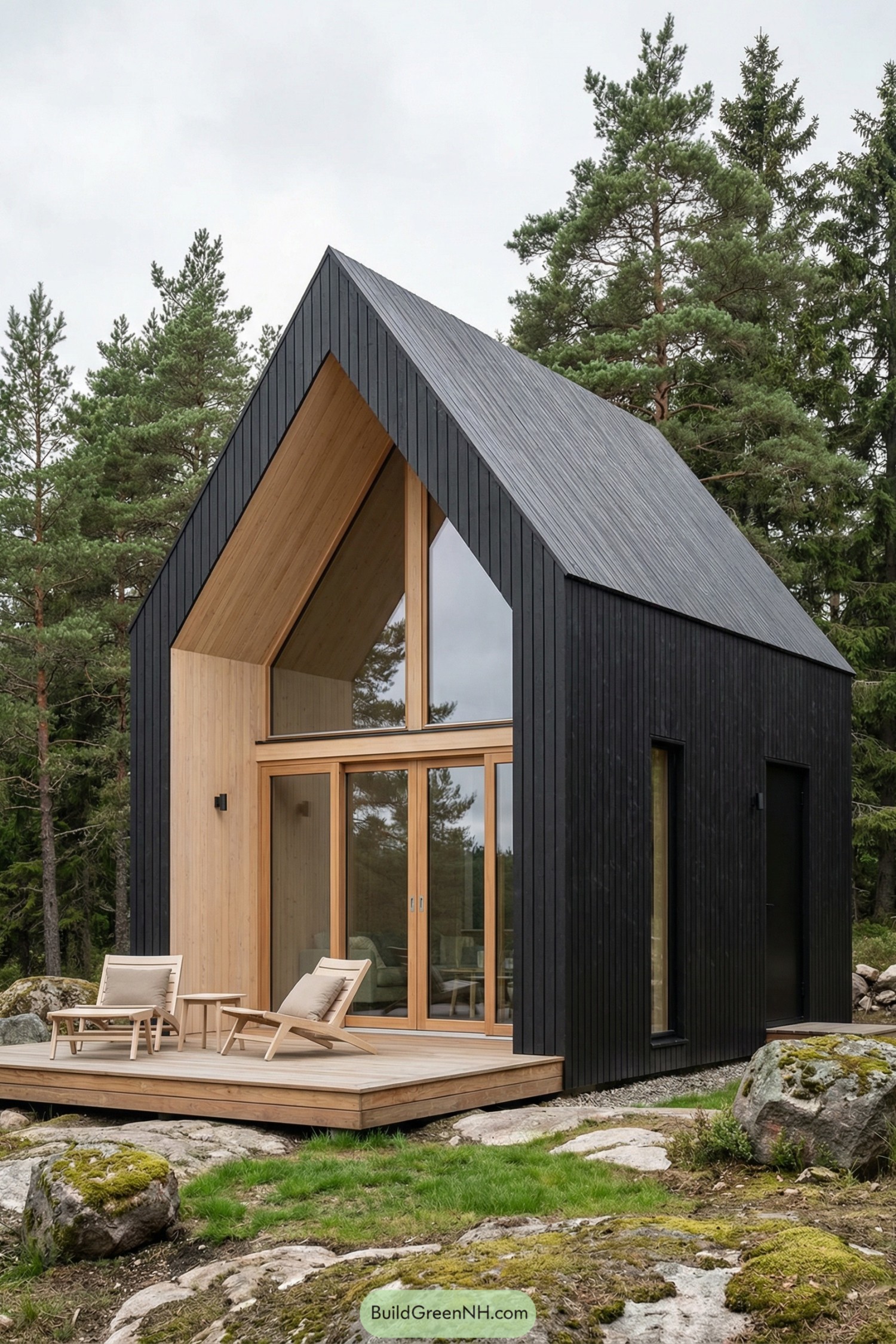 Small black wood cabin with tall pitched roof and front deck in a forest