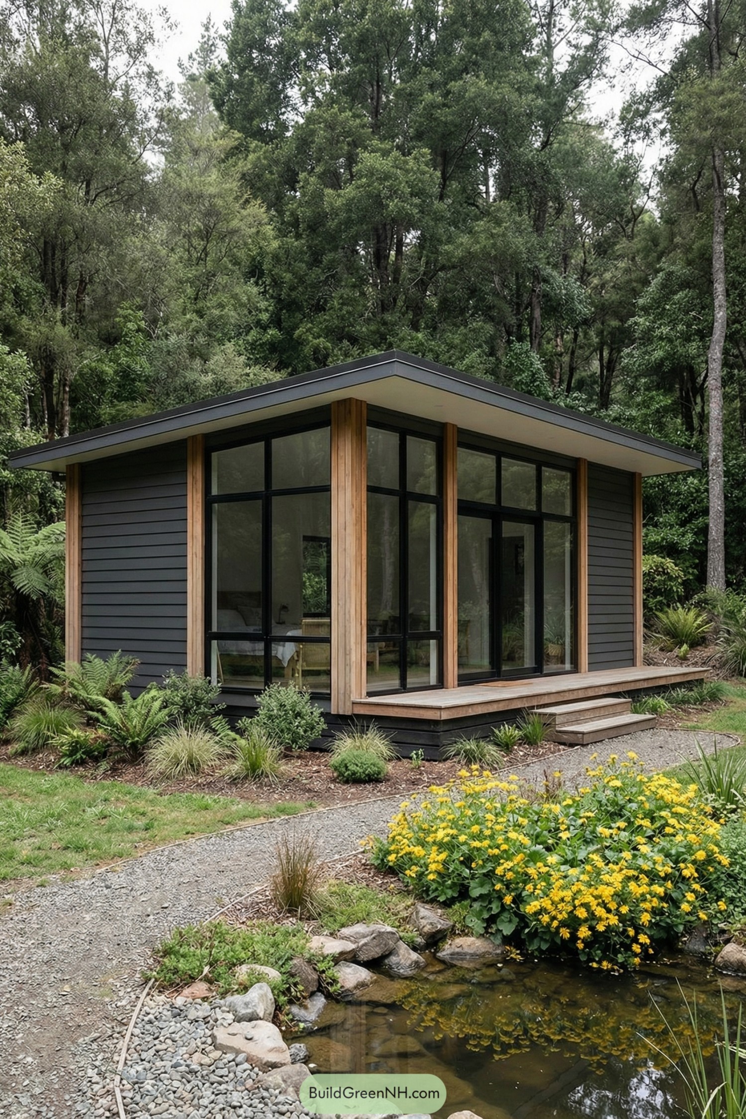 Small black-and-wood modern cabin beside pond in lush forest garden