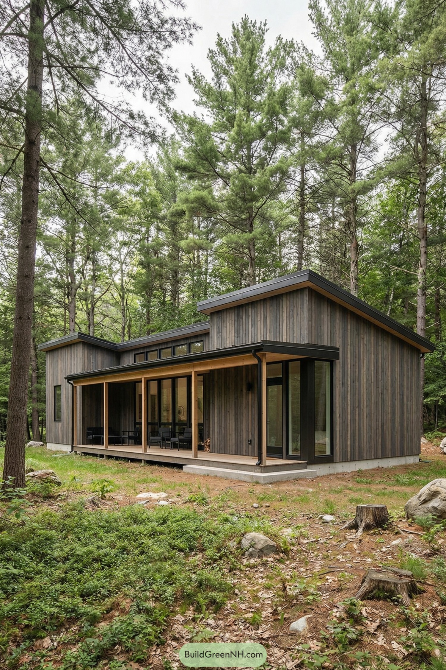 Modern wood cabin with large windows and covered porch in a dense forest