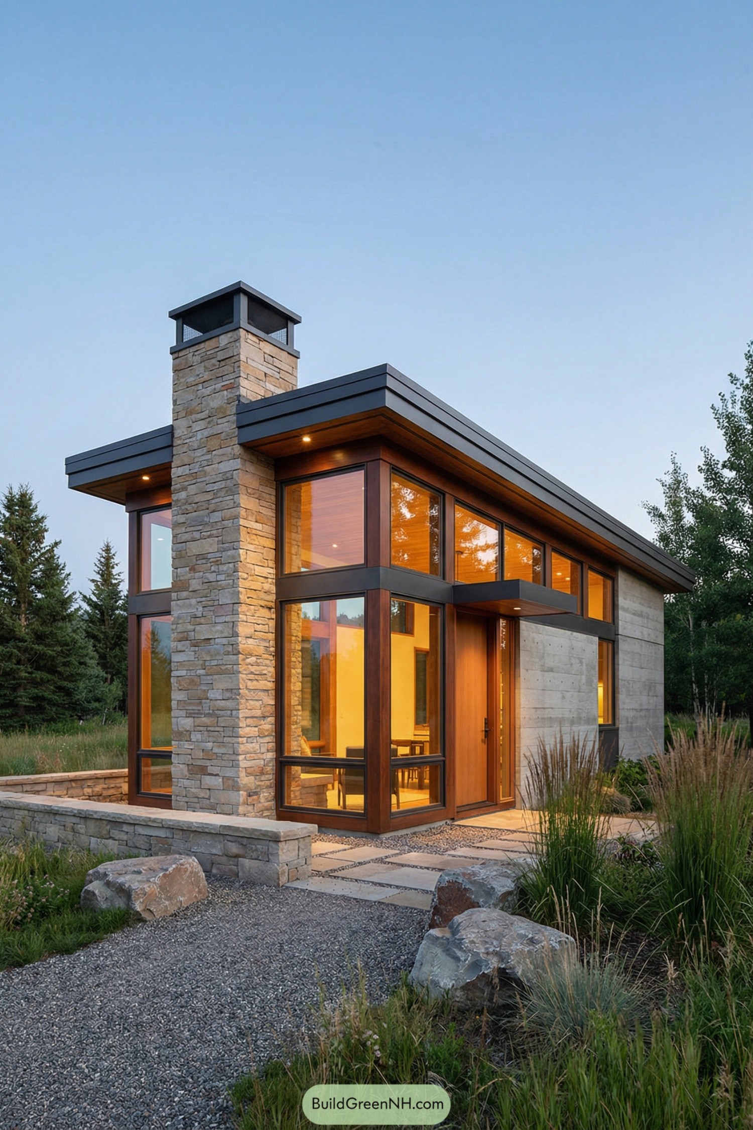 Modern cabin with tall stone chimney and large wood framed windows