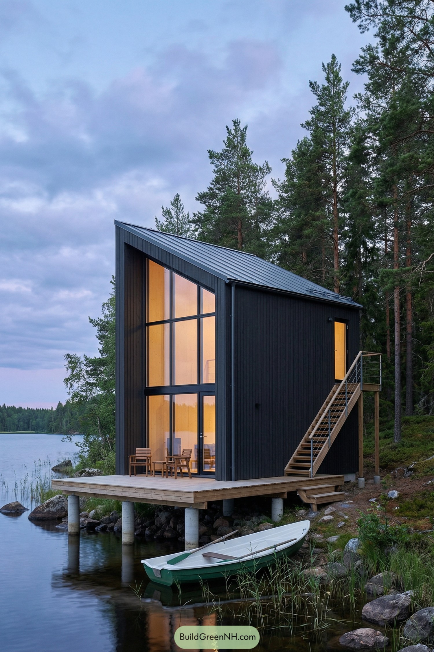 Modern black-clad cabin on stilts over a forest lake with a tall glass facade and side stair