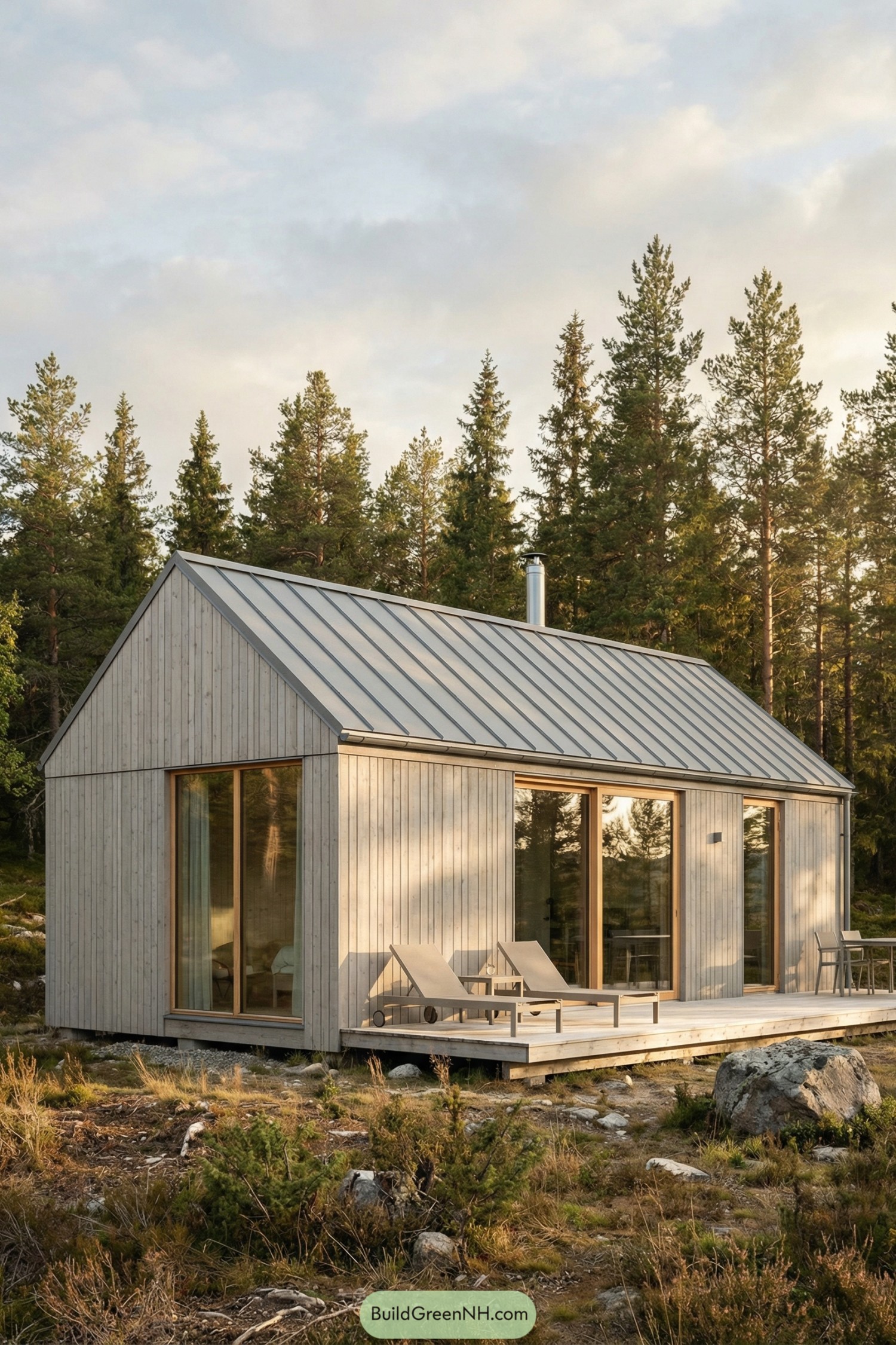Small light-wood cabin with metal roof and large glass doors set in a forest clearing