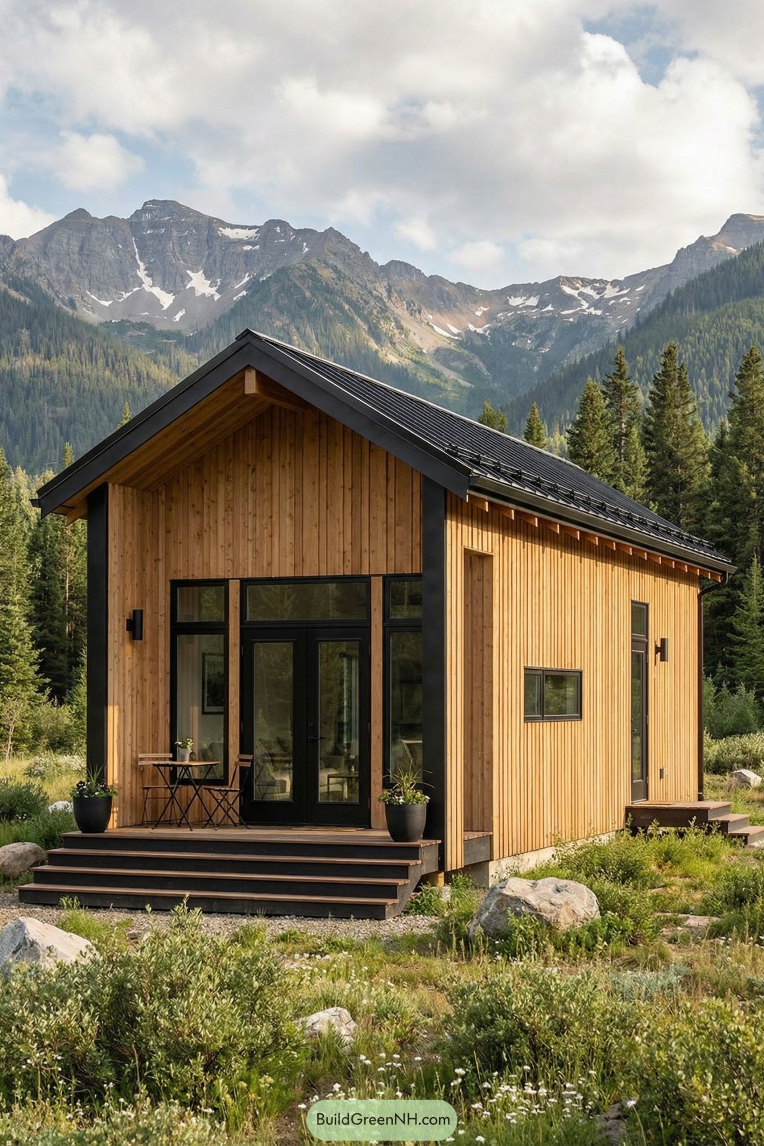 Small modern cedar cabin with black trim nestled in a mountain meadow