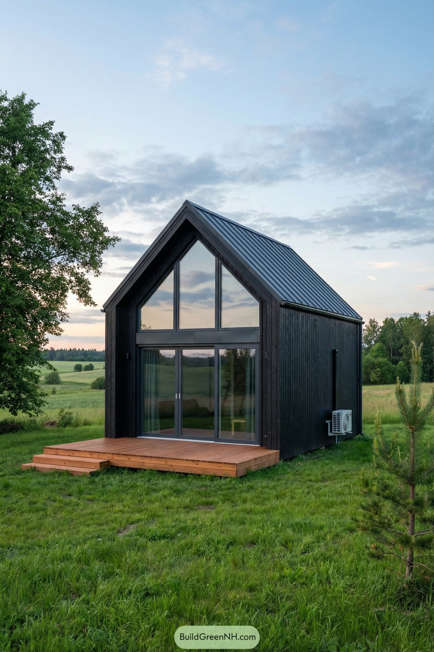 Black tiny house with full-height glass front
