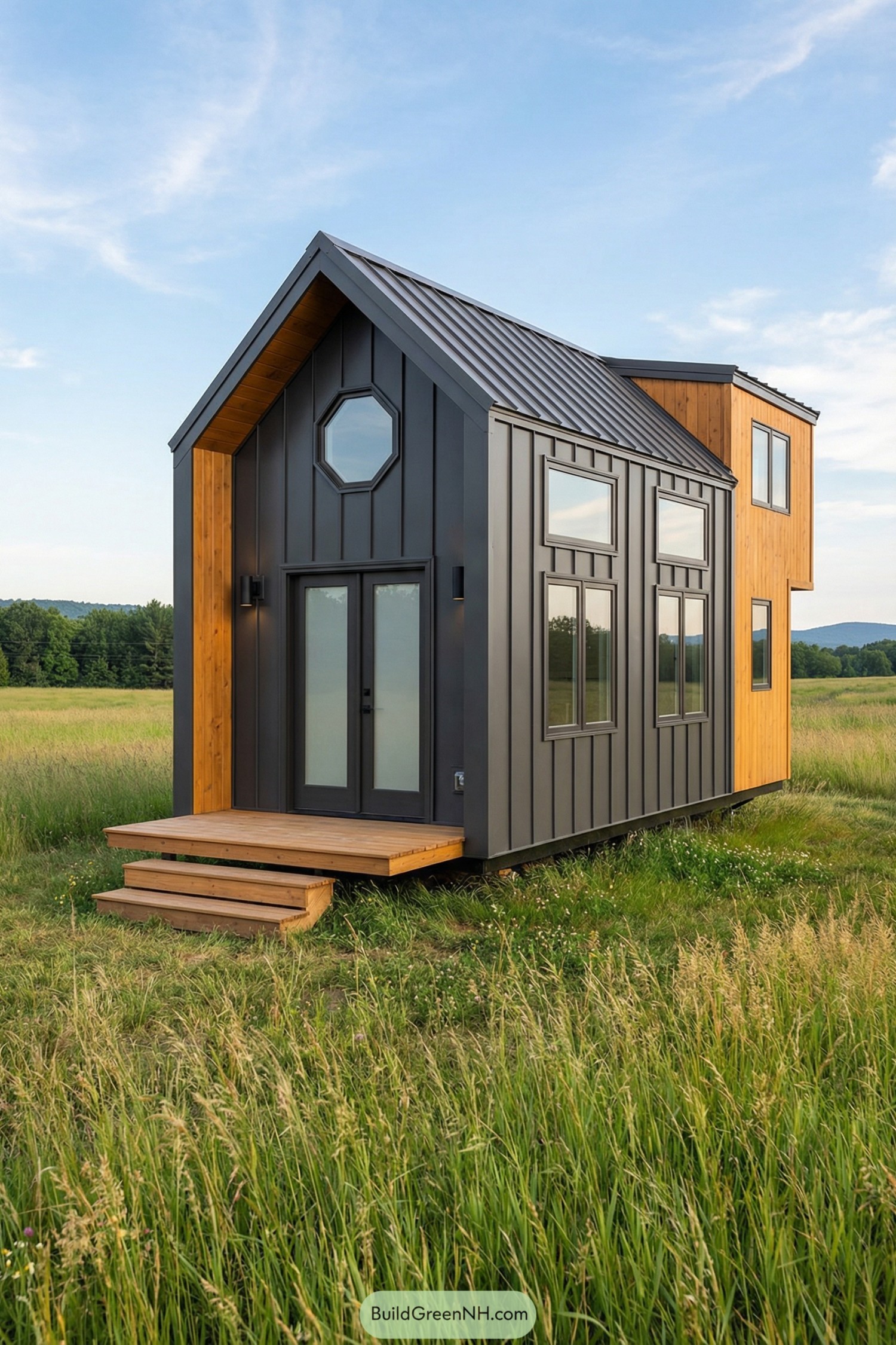 Modern tiny house with dark metal siding black roof and warm wood accents standing in a grassy field