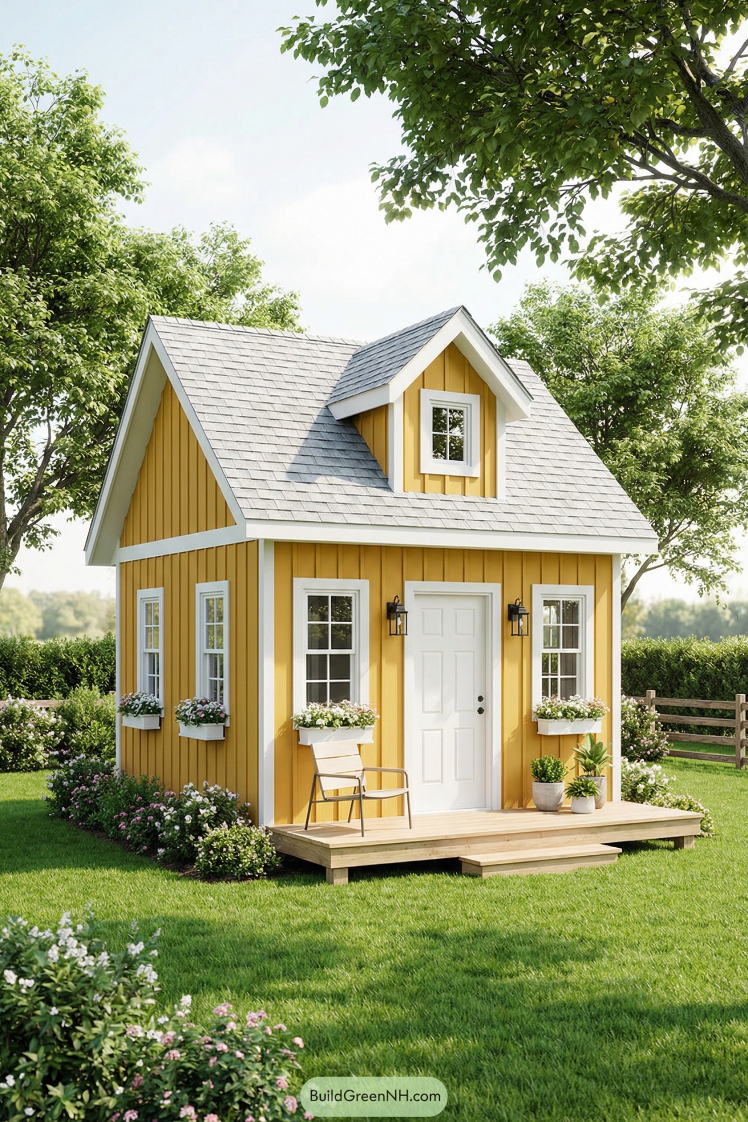 Bright yellow tiny house with white trim, flower boxes, and a small wooden porch set in a lush green yard