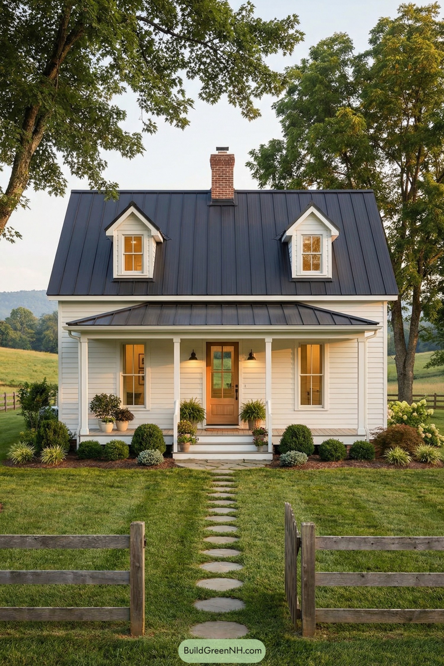 Small white cottage with dark metal roof, front porch, and dormer windows in a green field