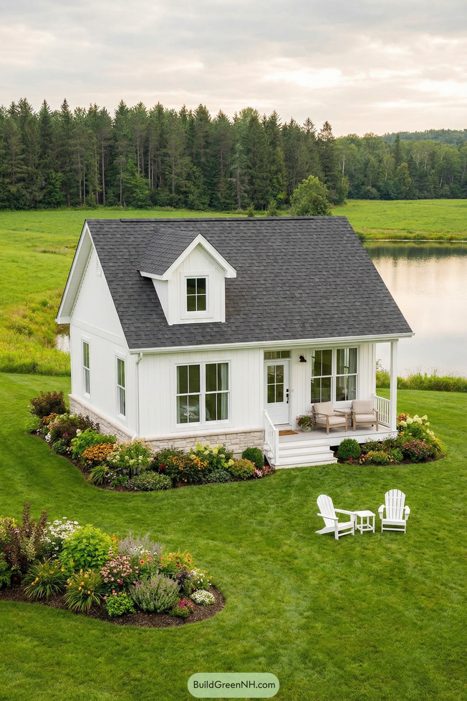 White cottage with dark gable roof beside a lake, surrounded by lush lawn and flower beds