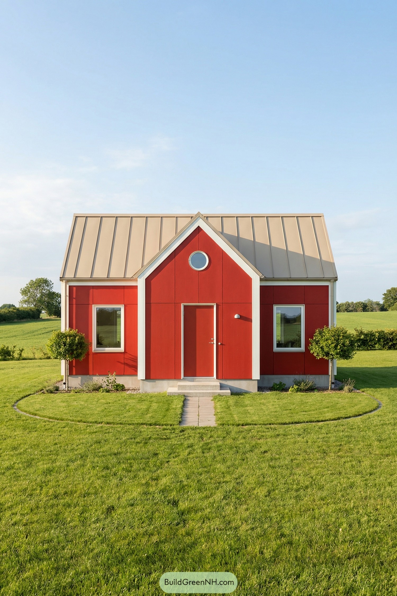 Small red modern farmhouse in a wide green field