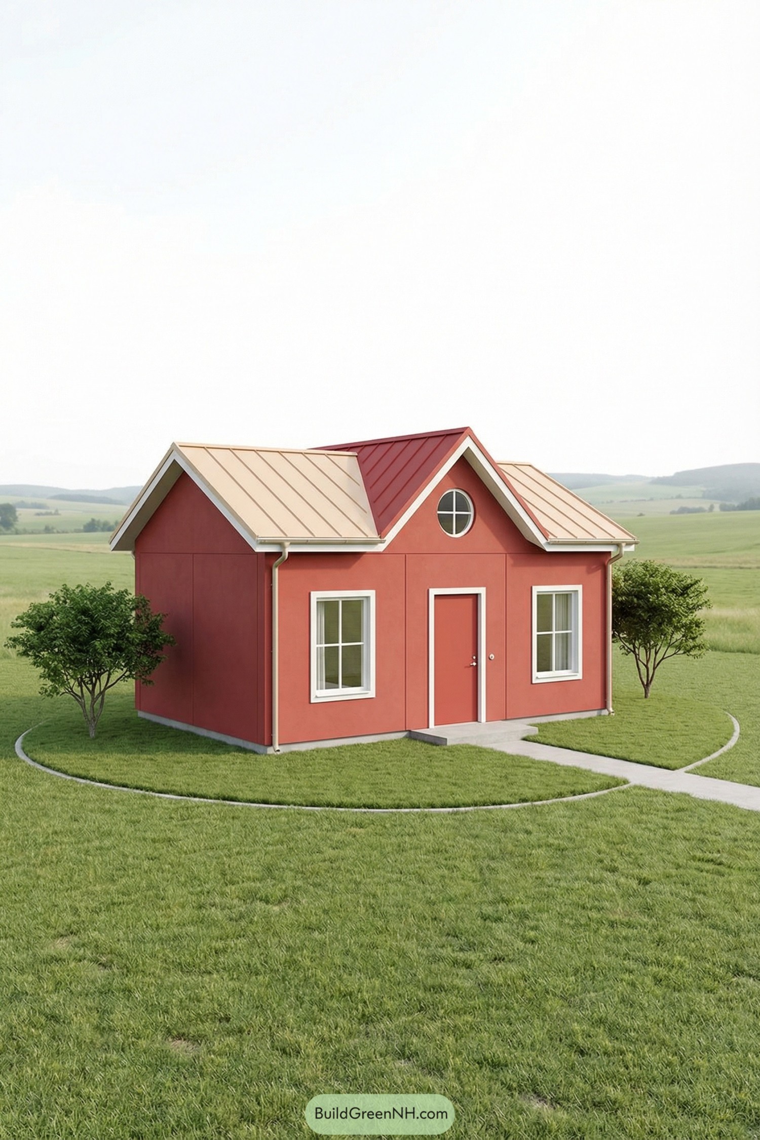 Small red tiny house with a two-tone metal roof set in an open green field
