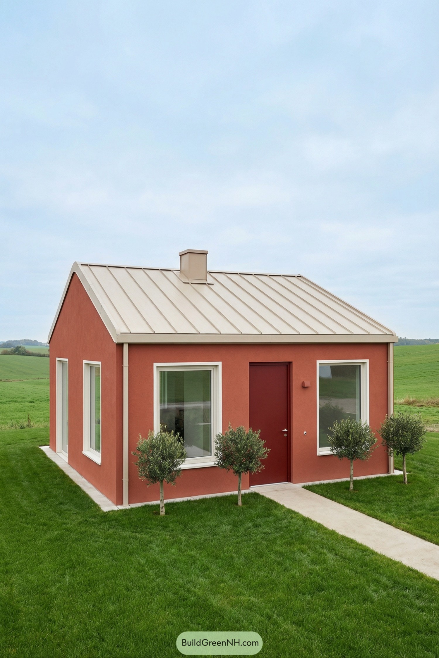 Small terracotta-colored modern cottage with metal gable roof and large windows set in a green field