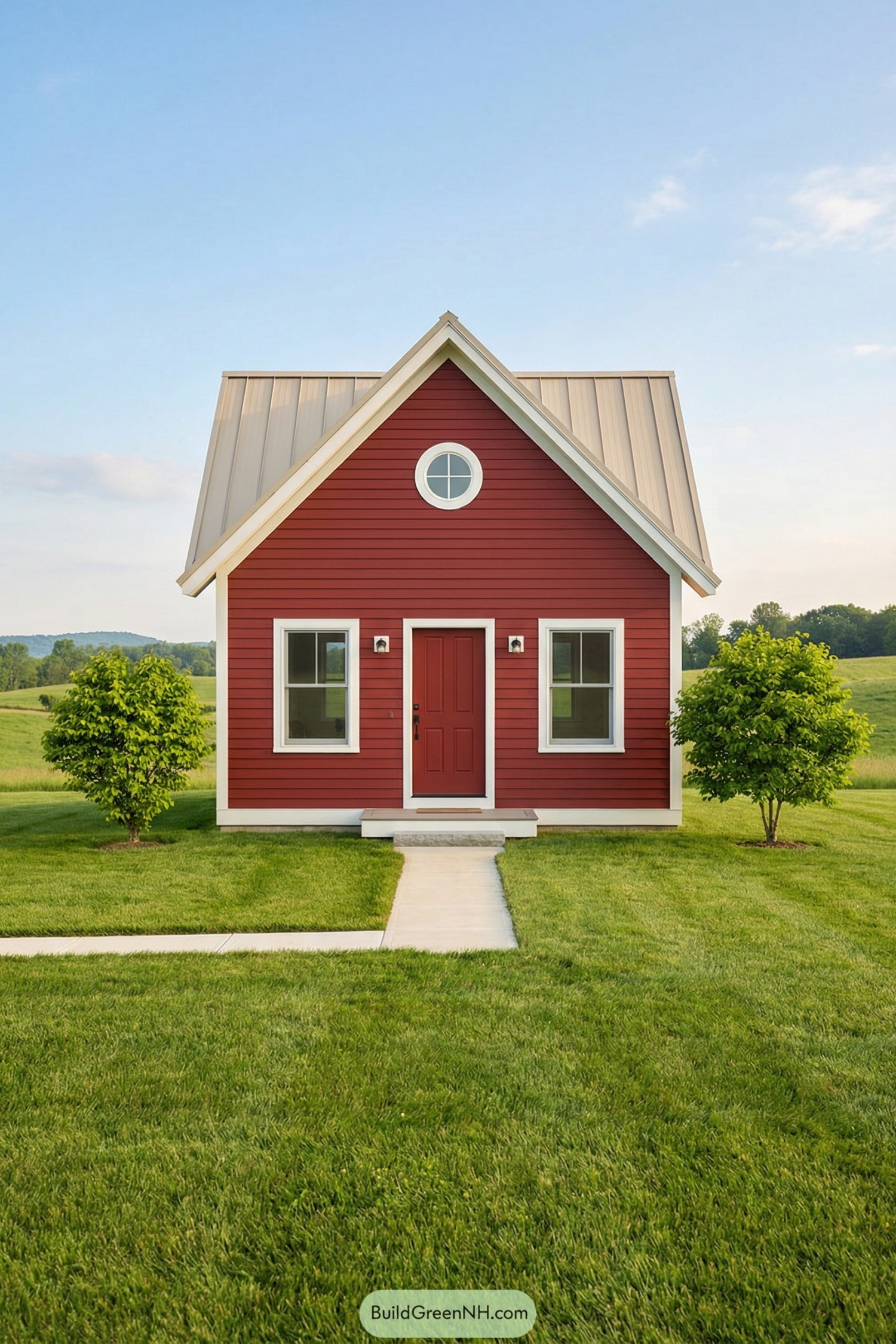 Small red cottage with metal roof centered in a lush green field