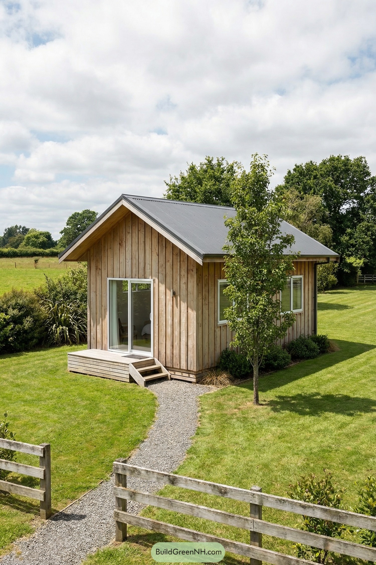 Small wooden cabin with vertical siding, metal gable roof, and sliding glass door set in an open green field