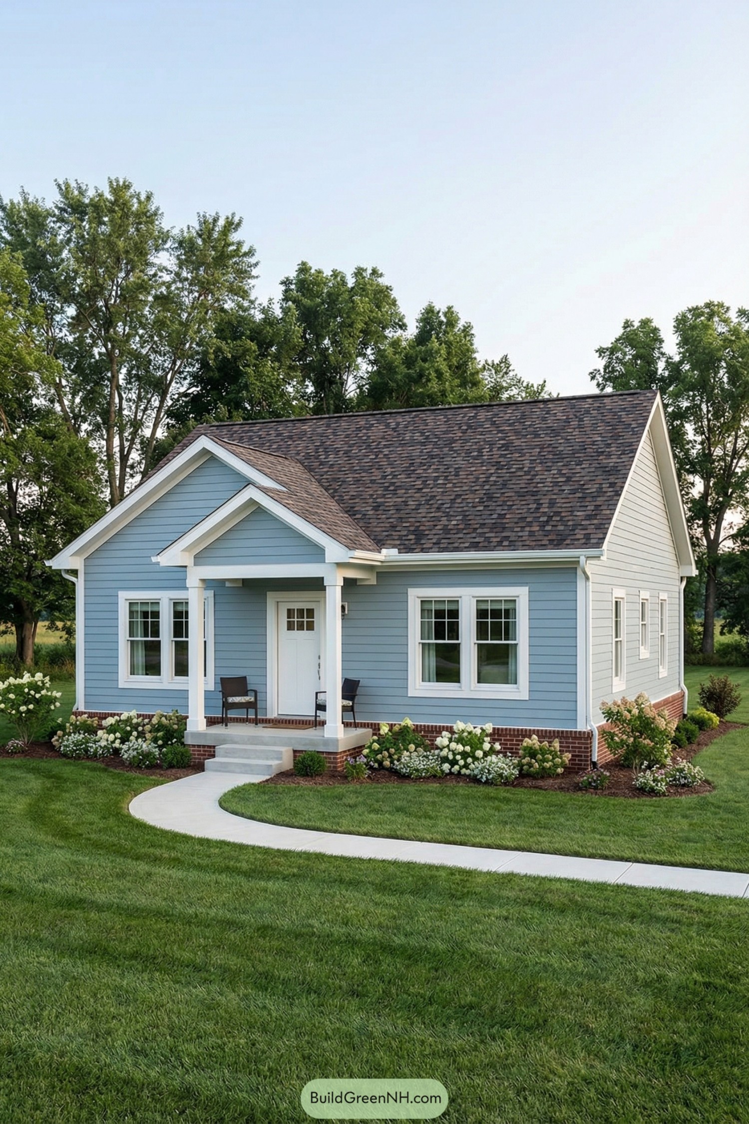 Compact blue cottage with white trim, front porch, and curved path surrounded by a neat green lawn and flower beds
