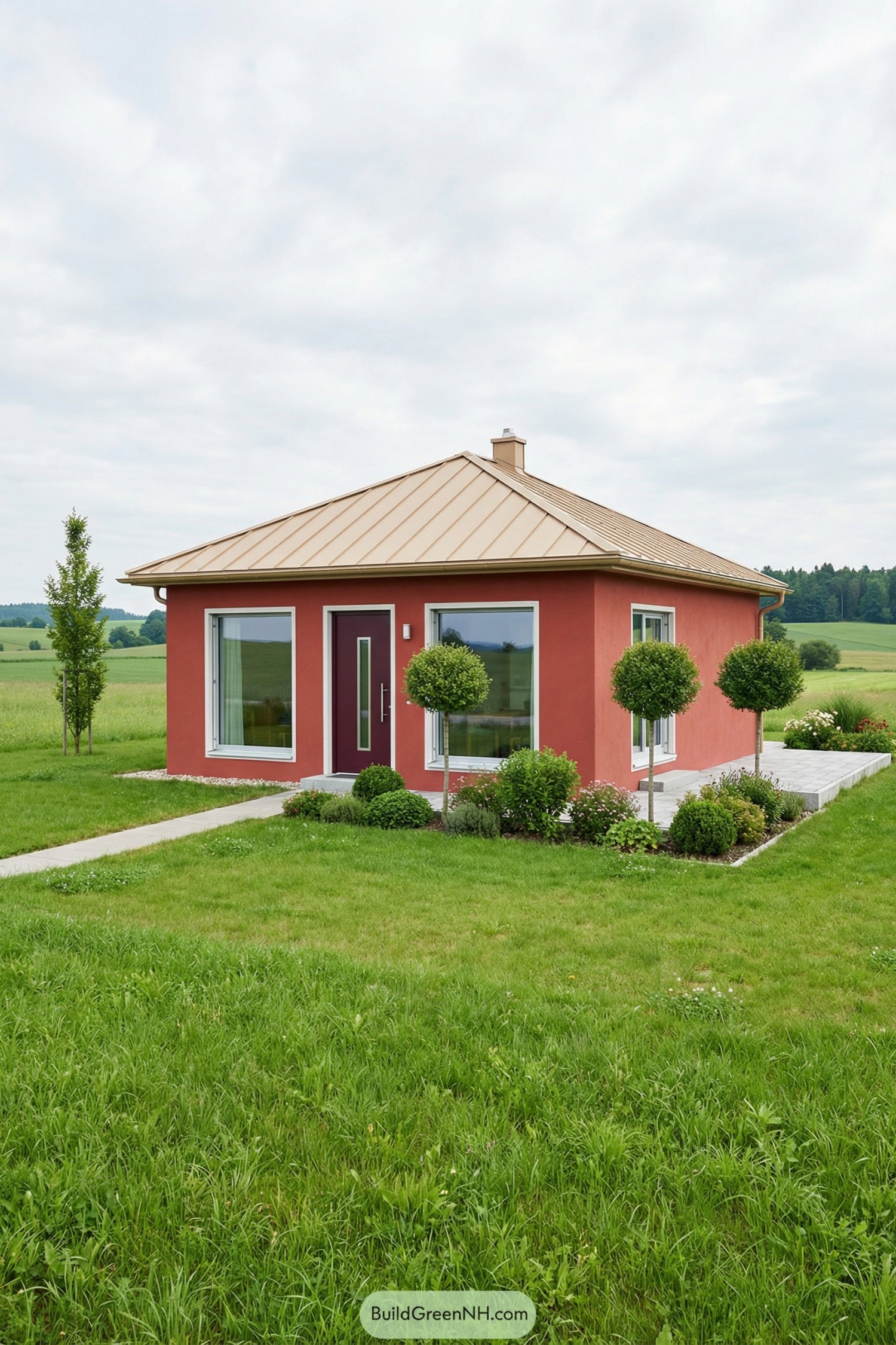 Small coral modern cottage in open green field