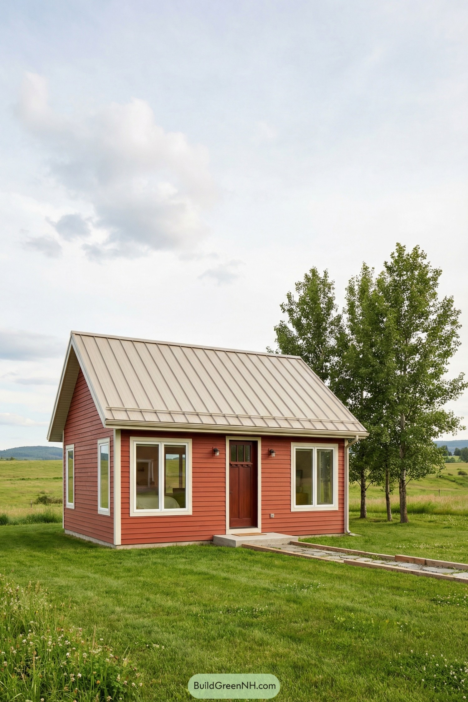 Small red modern cottage in open green field