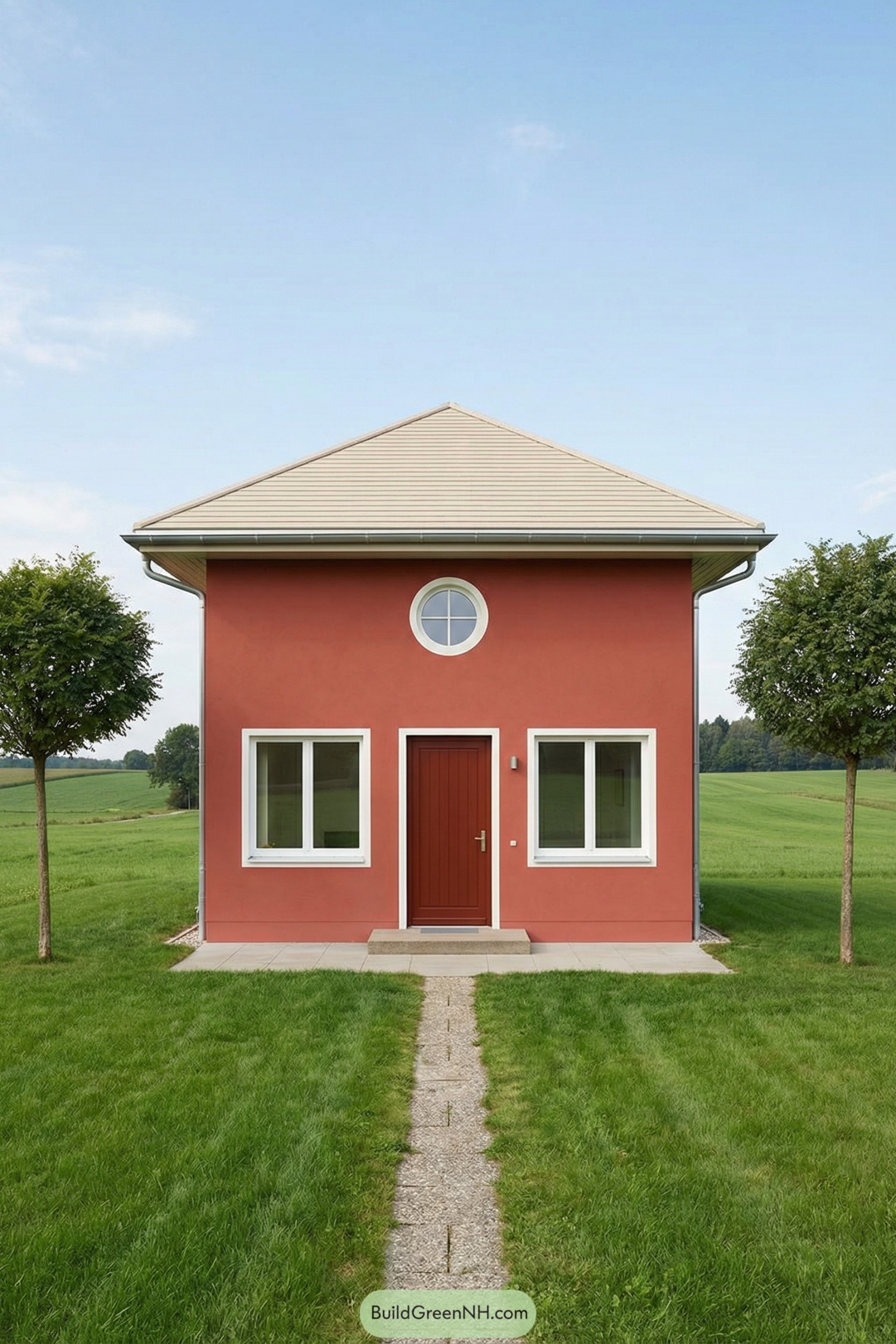 Small red cottage with cream hip roof and centered path in a green field