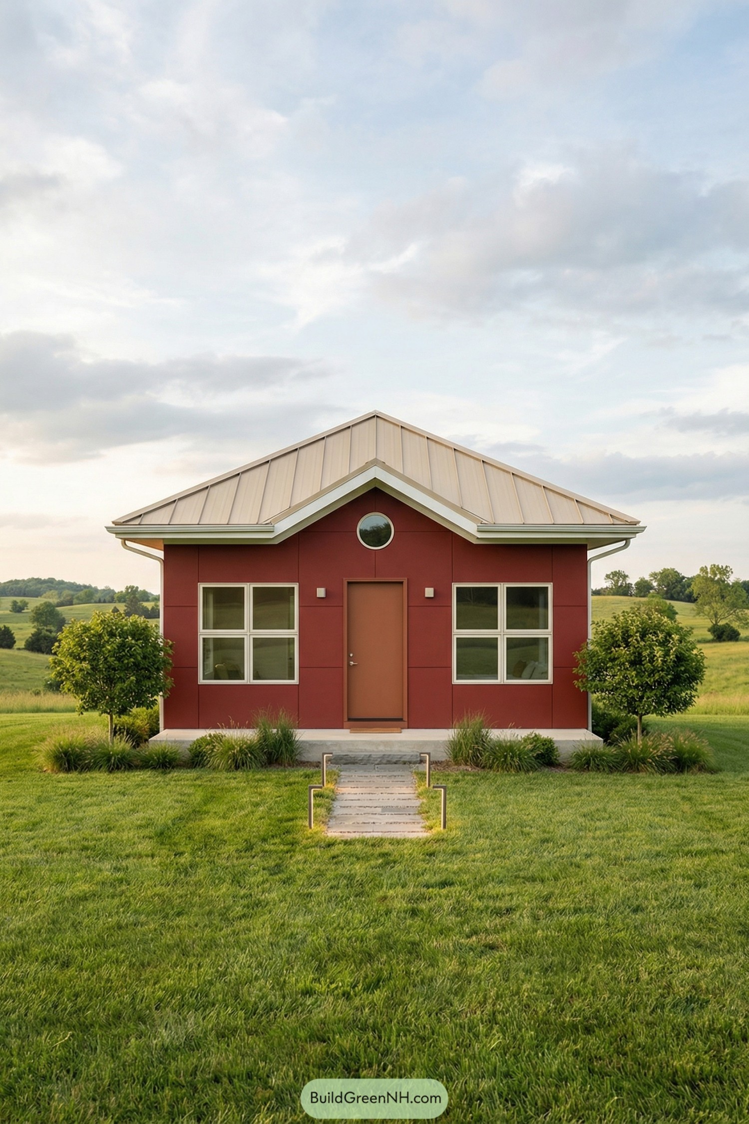Small red modern cabin with tan metal roof set in an open green field