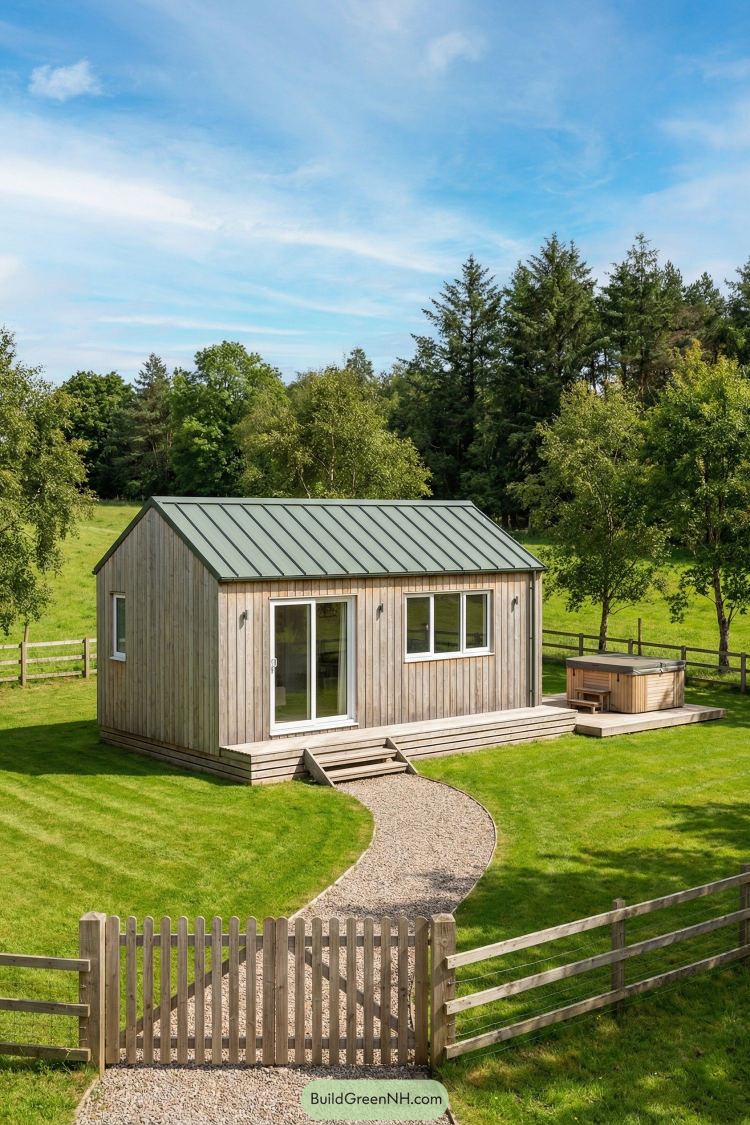 Small wooden tiny house with metal roof in a fenced green field, featuring a gravel path, deck, and hot tub