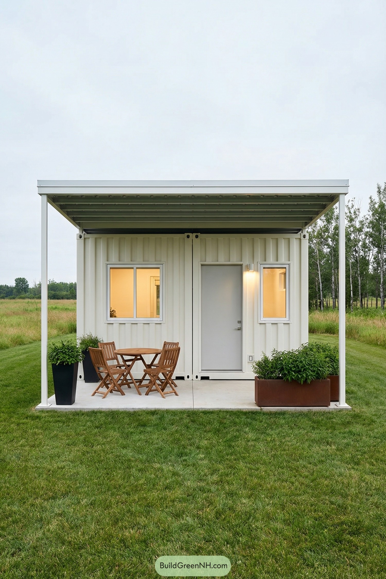 Small white container house with covered patio, outdoor bistro set, and planters in a green field
