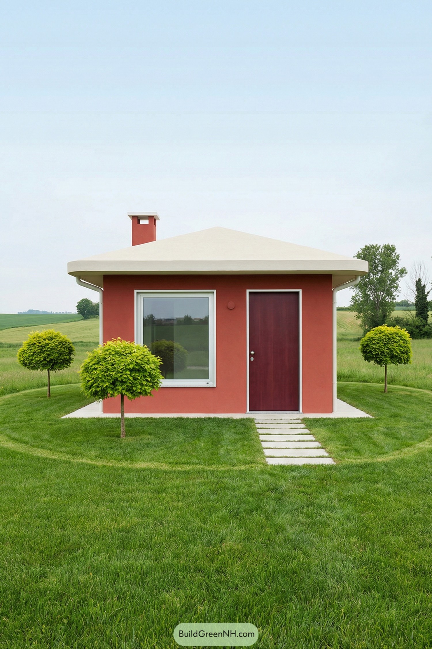 Small coral modern house in a manicured green field with round trees and stone path