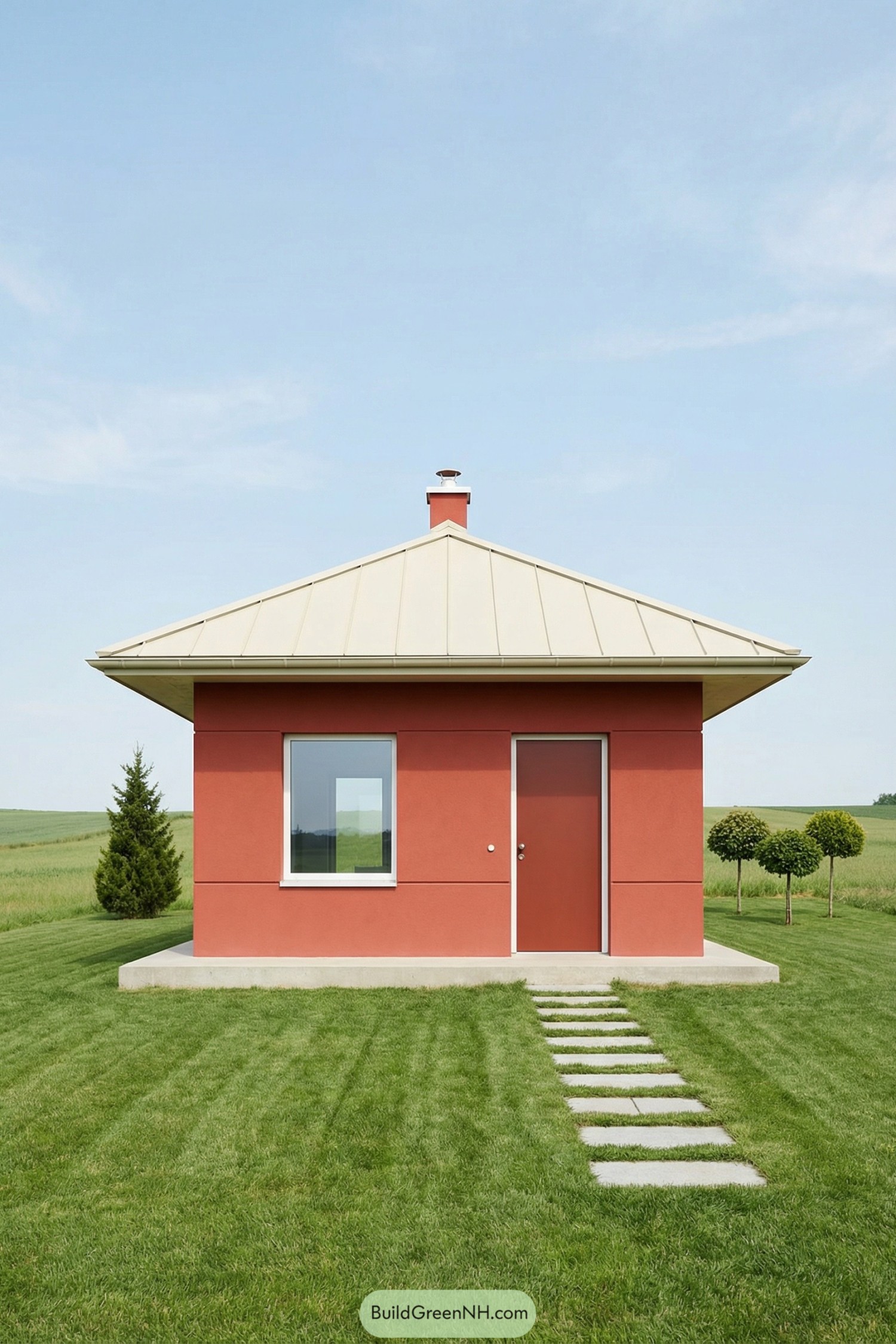 Small red modern cottage with cream metal roof centered in a green field