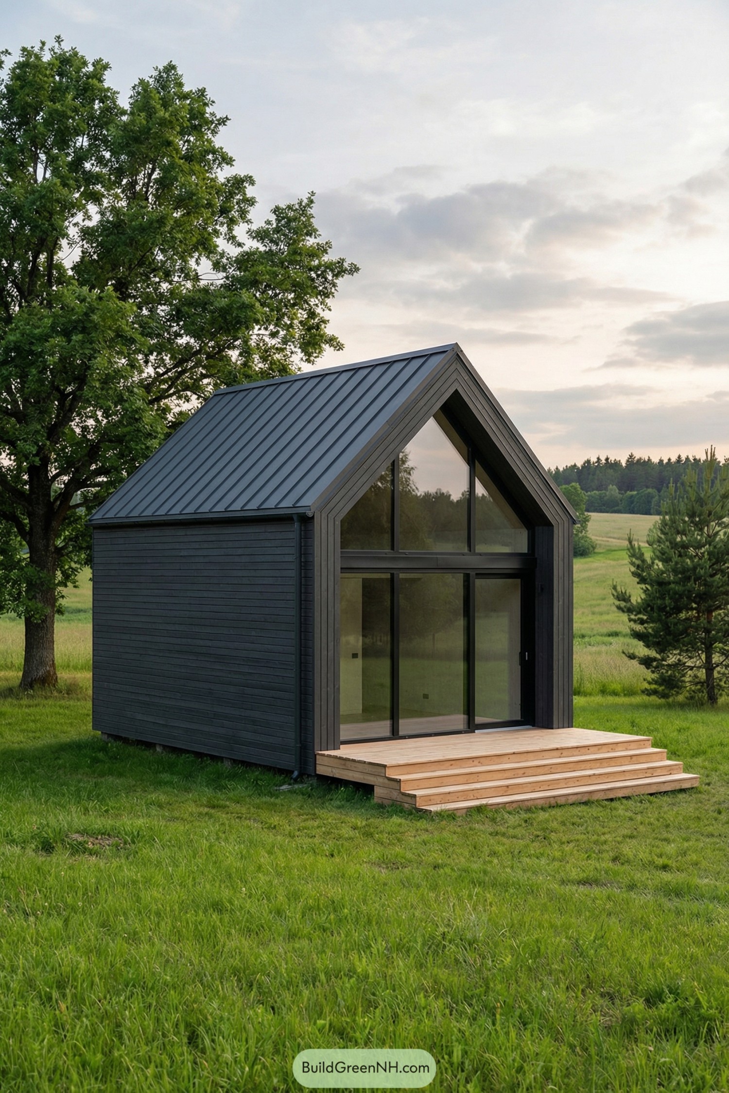 Small black cabin with tall glass front and wooden steps in a green field