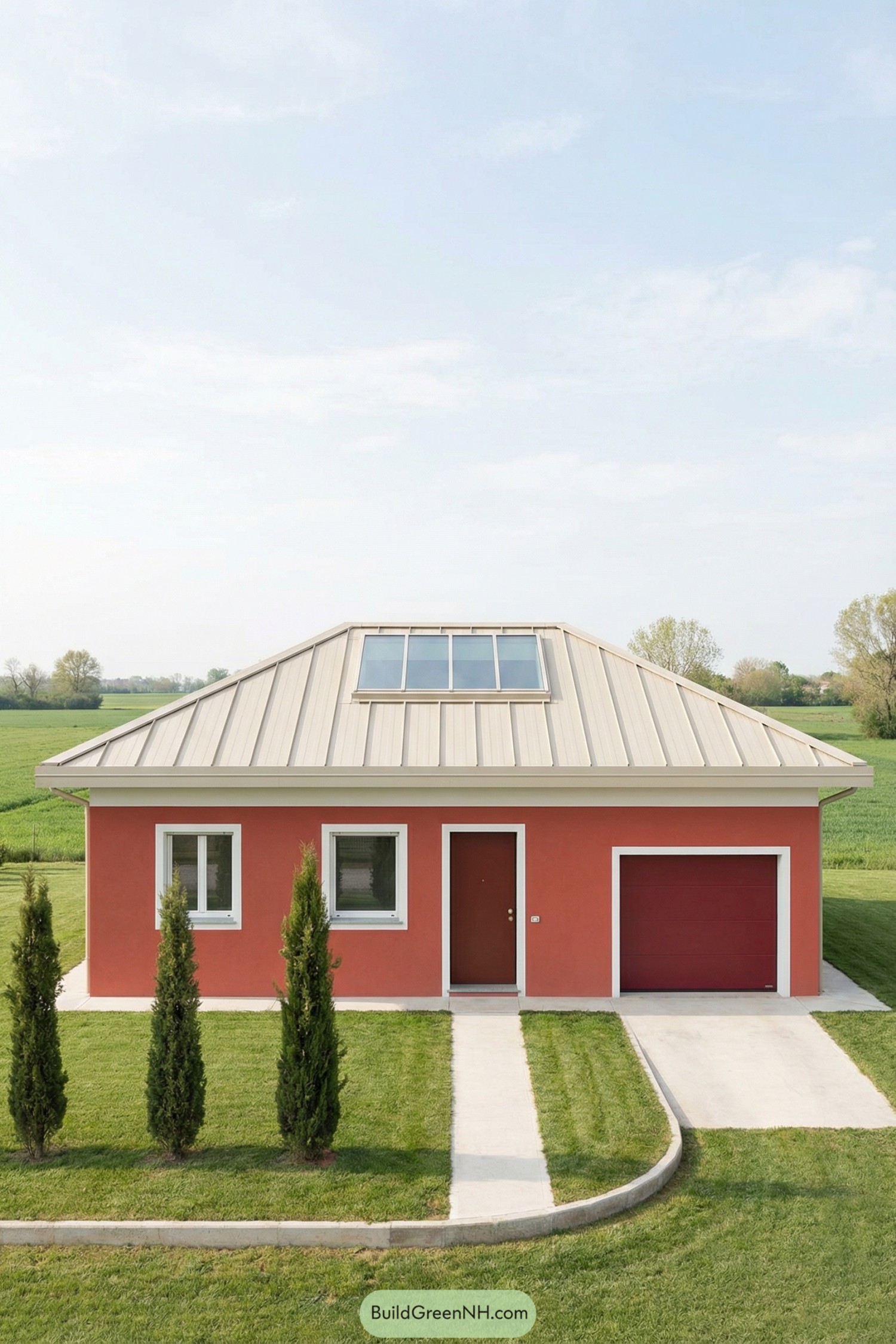 Small terracotta modern house with metal roof and skylight set in a green field