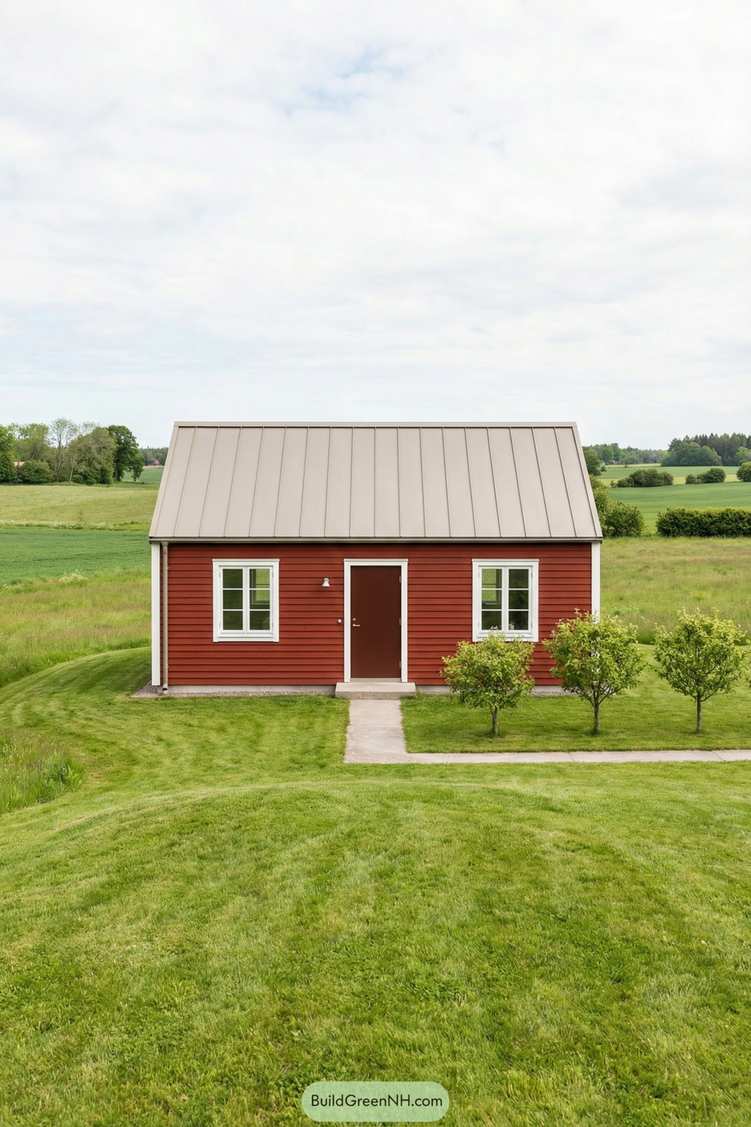 high-res photo of small cute modern house in green fields, facade, materials, colors, windows style, roof style, door style, outdoor area, landscaping, surrounding background. Small single-story modern cottage with clean simple lines, rectangular footprint and low gable roof, centered in wide green meadow. Facade in horizontal red-painted timber cladding with subtle texture, crisp white corner trims and window frames for contrast, overall appearance bright and inviting. Compact, symmetrical volume with long front elevation, shallow eaves and a straightforward geometric shape, no additional wings or projections. Roof in light warm-gray standing-seam metal, smooth and slightly reflective, gable ends aligned with front and back, ridge running parallel to the facade. Two medium-sized front windows with white frames, divided into four panes each, clear glass with soft reflections of sky and fields. Front door centered between windows, solid flat panel in deep reddish-brown, slim white surround, minimal hardware, no glazing. Narrow concrete or light-gray stone path leading directly to the front door from the foreground lawn, edges clean and linear. Three small deciduous trees on the right side of the house, evenly spaced, slender trunks, dense round canopies in layered fresh greens, casting soft shadows on the red wall. Lawn in vivid green around the house, gently mounded and well-kept, with a slightly darker green belt suggesting thicker grass close to the foundation. Surrounding environment composed of open rolling fields in multiple green tones extending toward the horizon, a few distant tree lines and low hedgerows, under a bright but softly lit sky with high thin clouds, creating a calm, picture-worthy rural setting. real-life photo, high-resolution, architectural photography, soft lighting, cinematic composition.