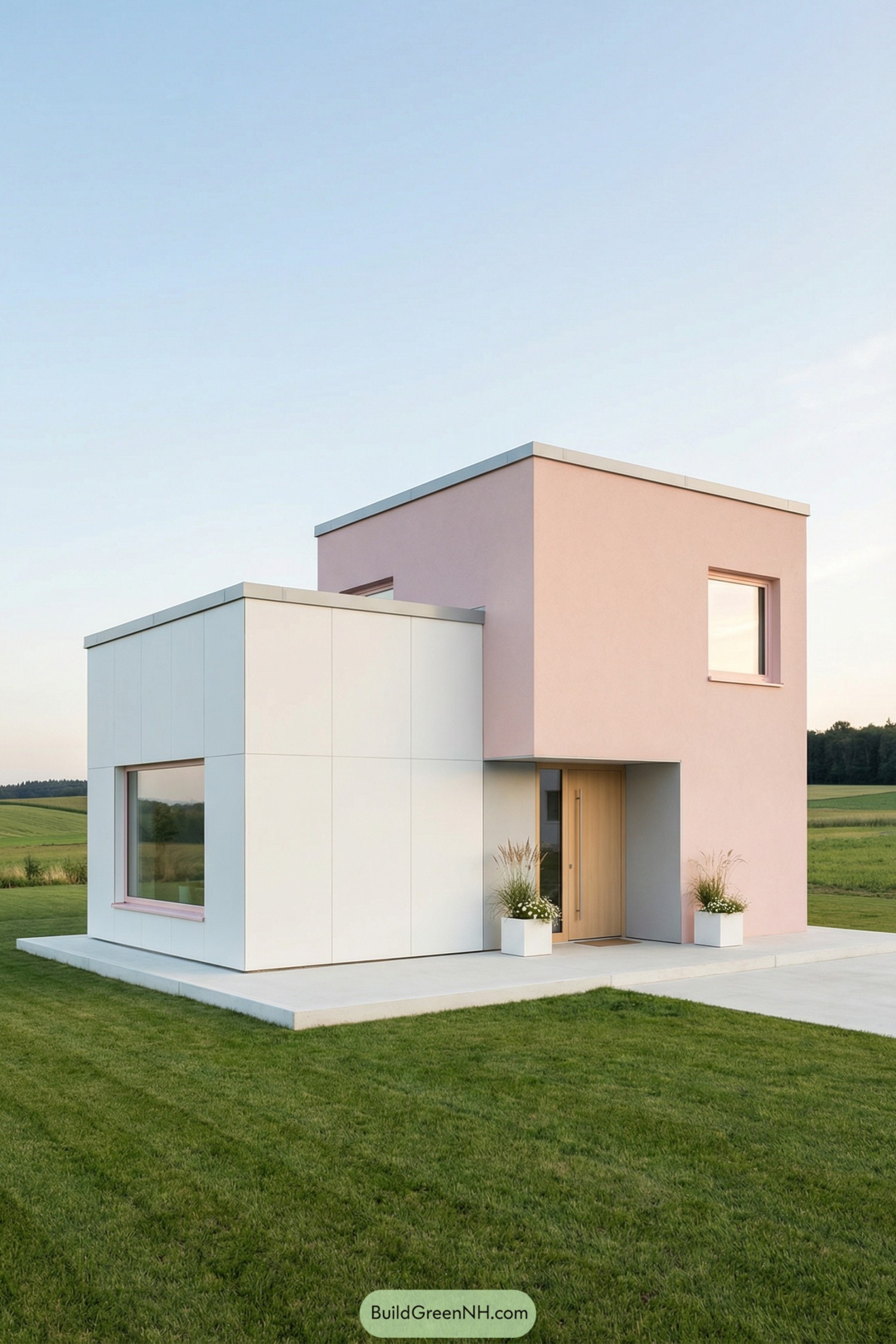 Compact pink and white modern cube house in an open green field