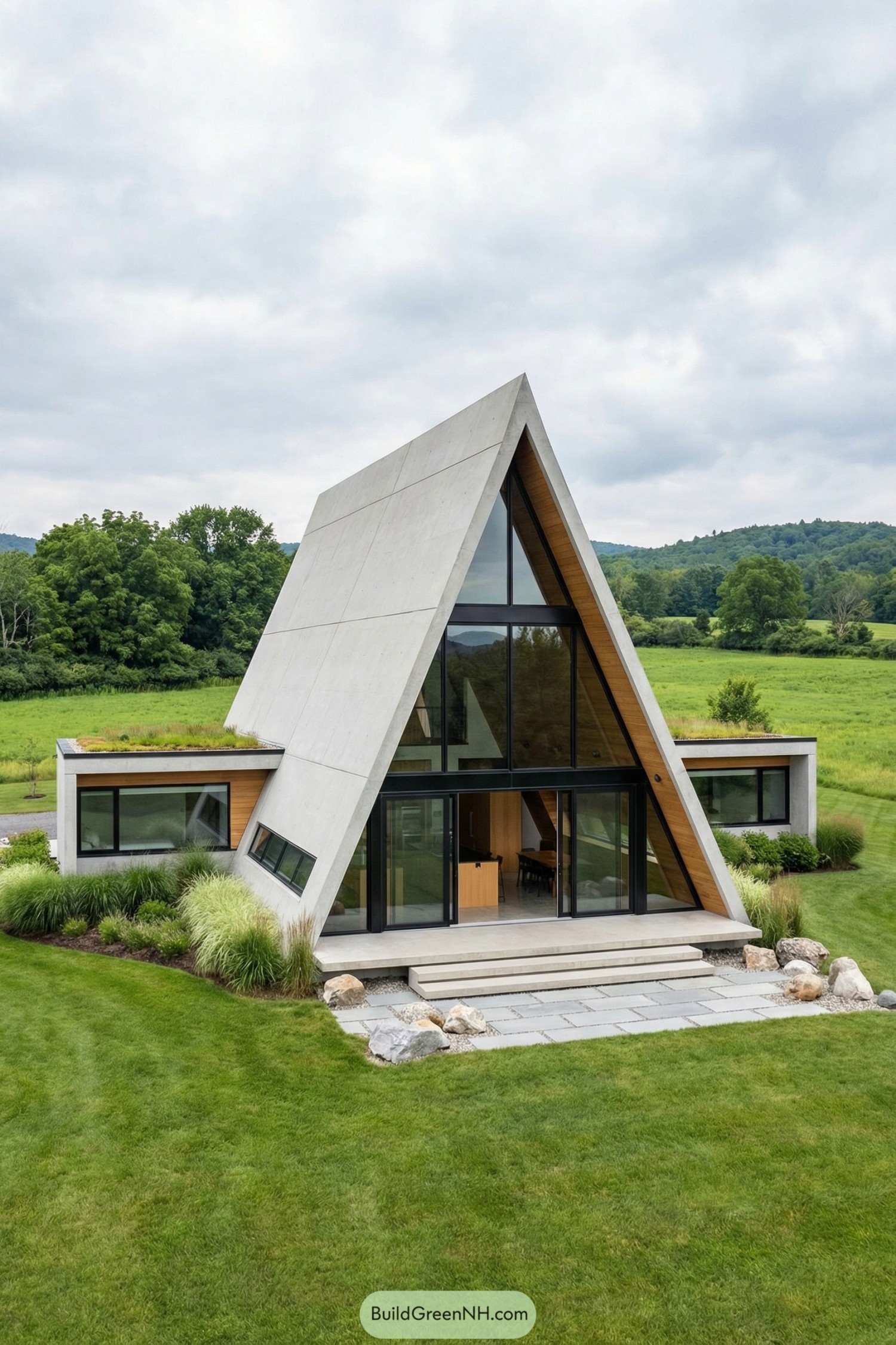 Modern A-frame house with concrete shell, glass front, and green-roof wings in an open grassy landscape