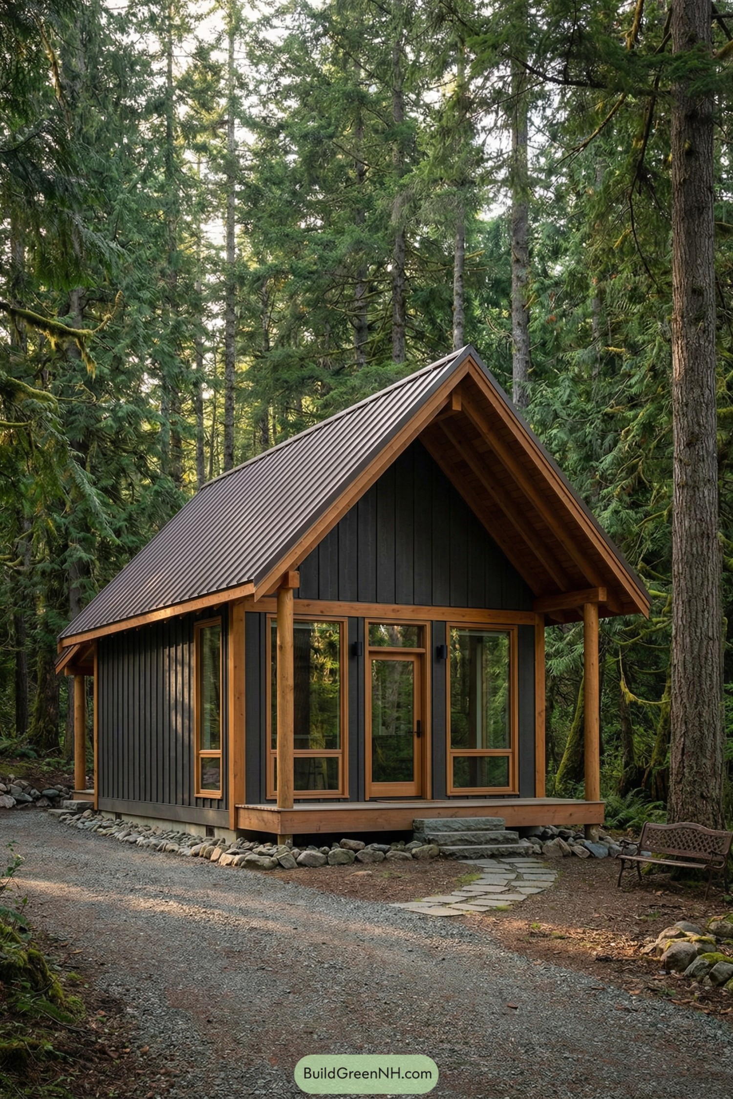 Small dark wood cabin with tall pitched roof and large glass front nestled among dense evergreens