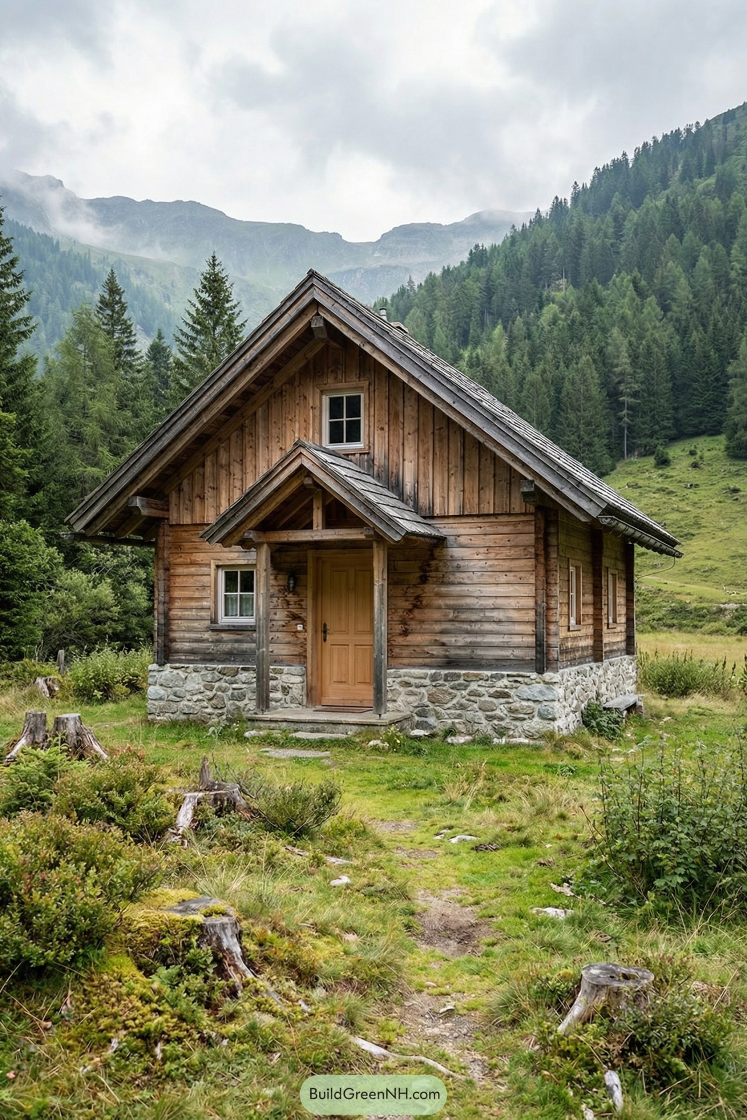 Small wooden cabin with stone base in a green mountain valley