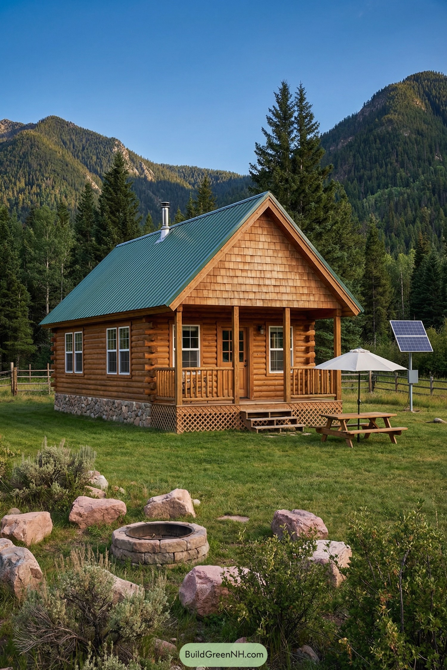 Small log cabin with green metal roof and stone fire pit in a mountain meadow