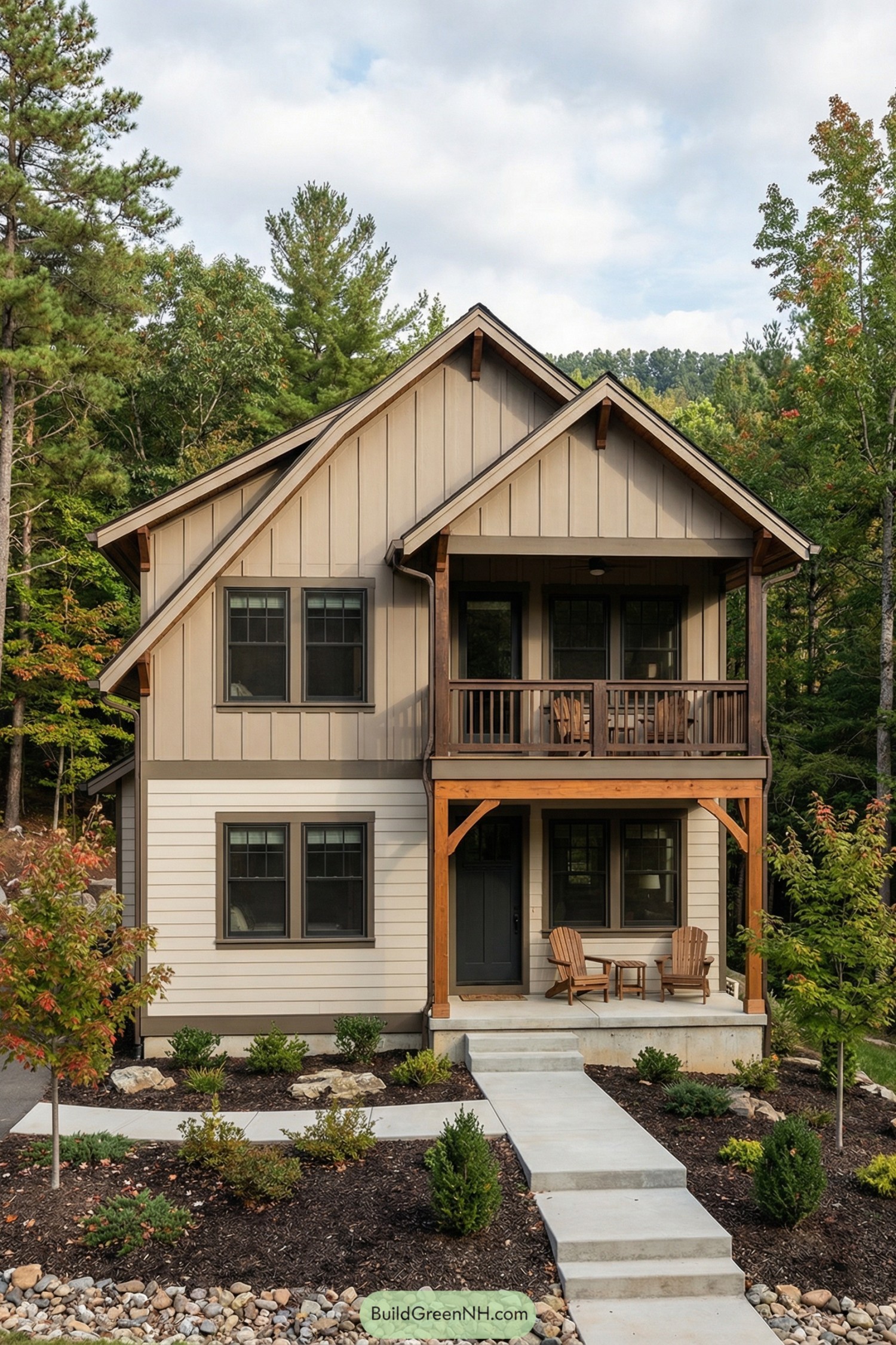 Two-story tan mountain house with double porches and landscaped front path