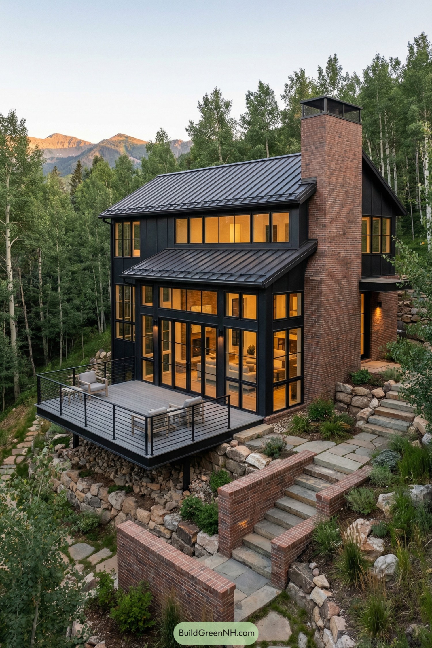 Modern black metal and brick mountain house with large windows and elevated deck among trees