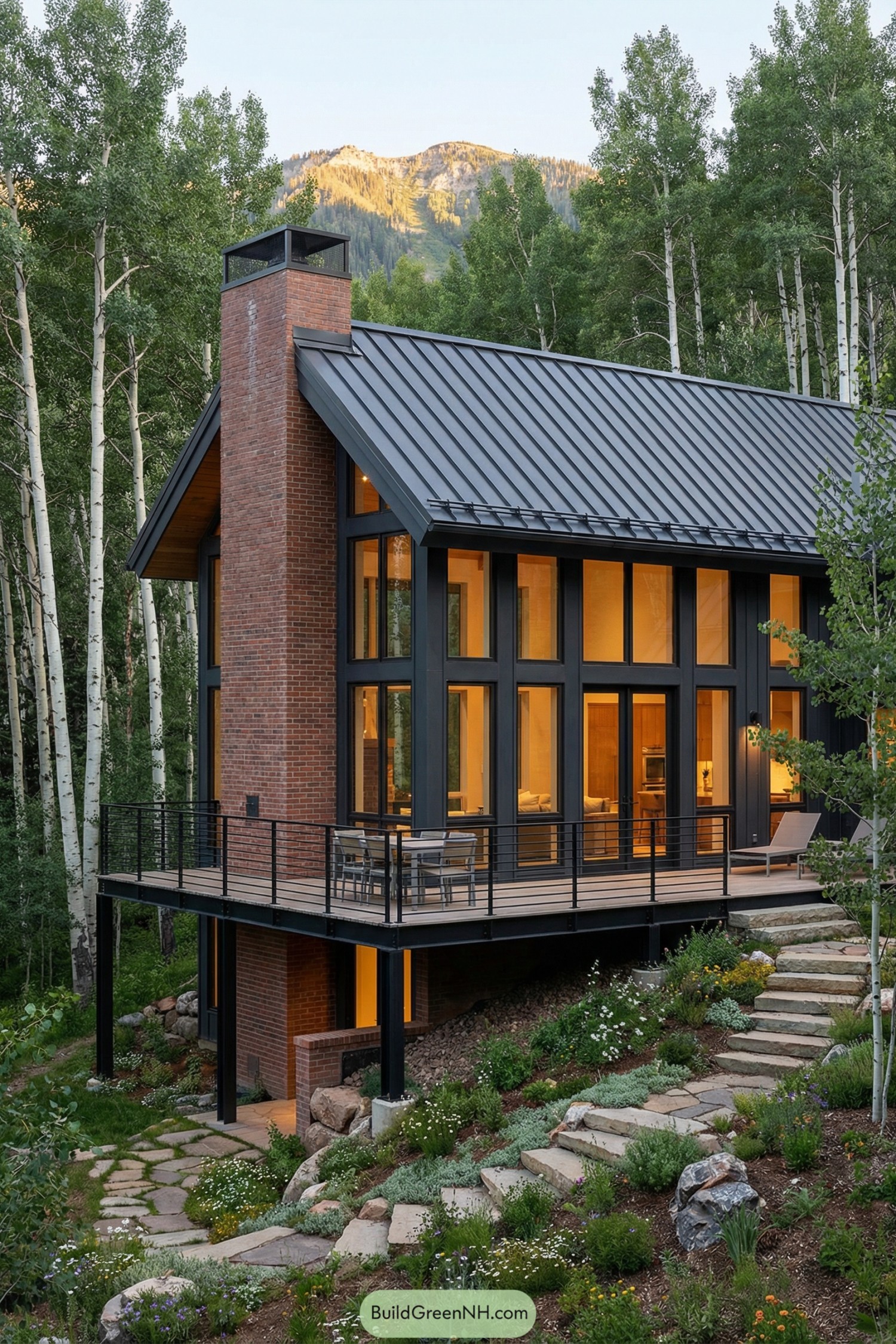 Modern cabin with tall windows and wraparound deck nestled on a forested slope