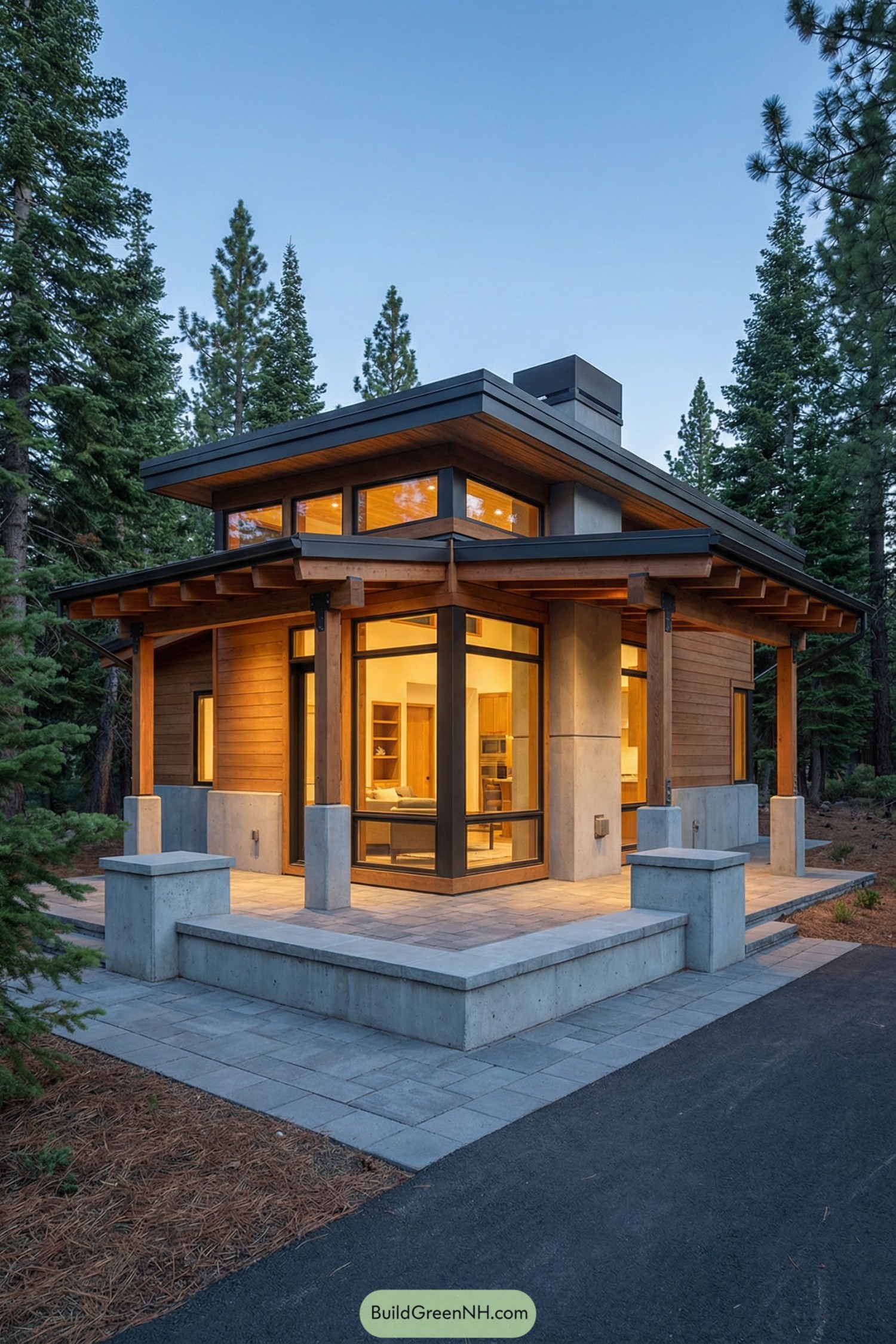 Compact modern cabin with large windows and wraparound concrete porch set among tall pine trees at dusk