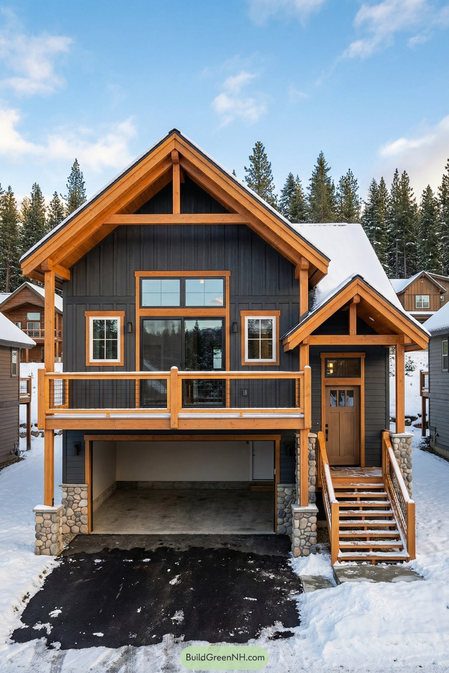 Two-story mountain house with dark siding, warm timber trim, stone accents, and an upper deck above a built-in garage