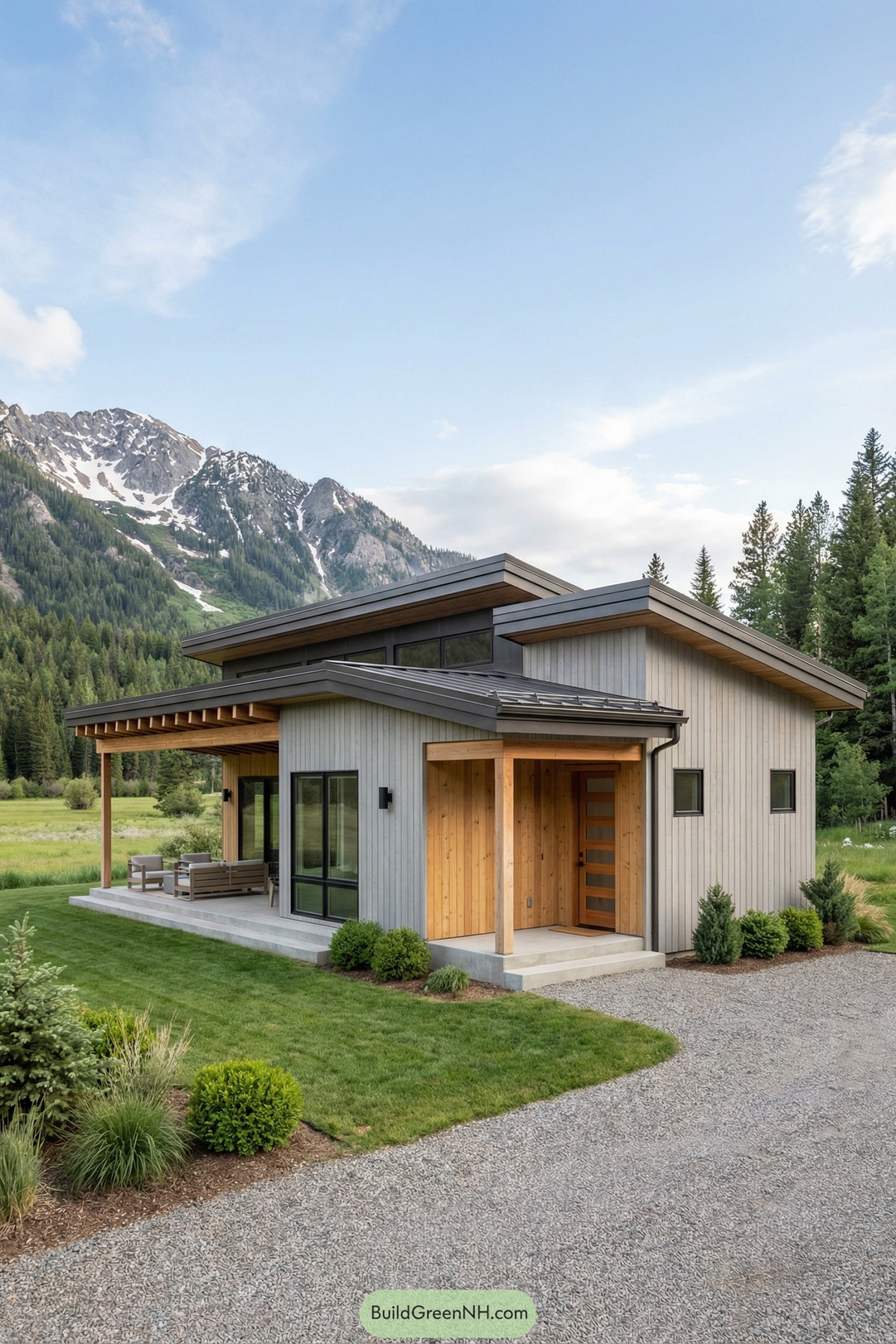 Small modern house with sloped roofs in a green mountain valley