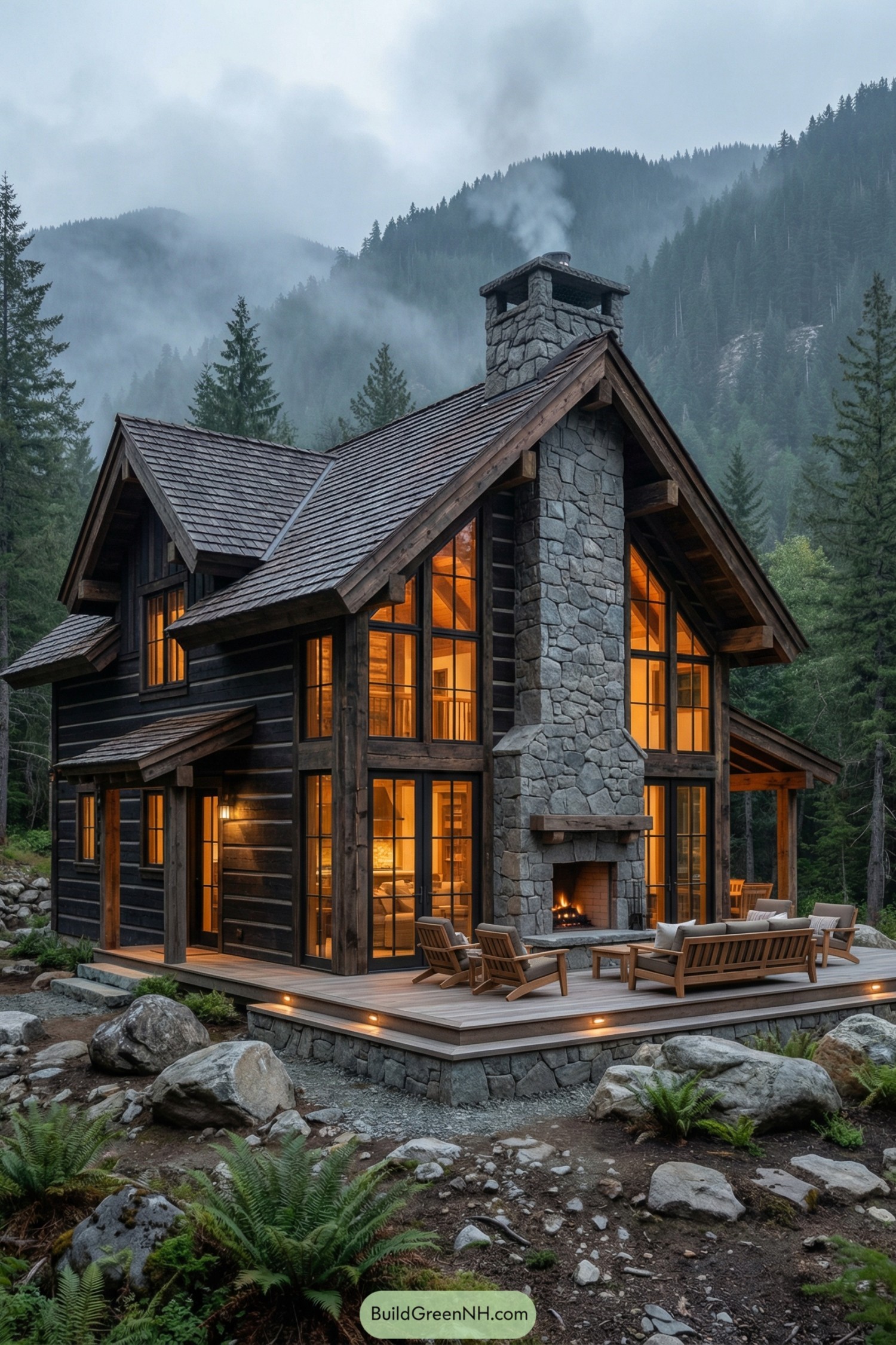 Cozy dark timber mountain house with tall stone chimney, glowing windows, and wraparound deck in misty forest