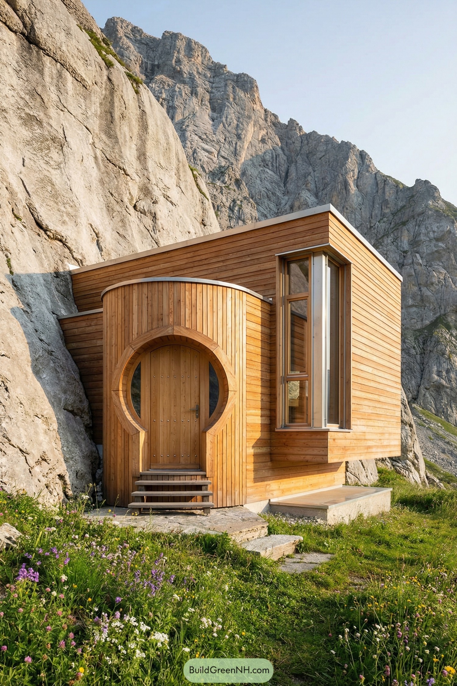 Compact wooden mountain cabin with circular front door nestled against a rocky cliff