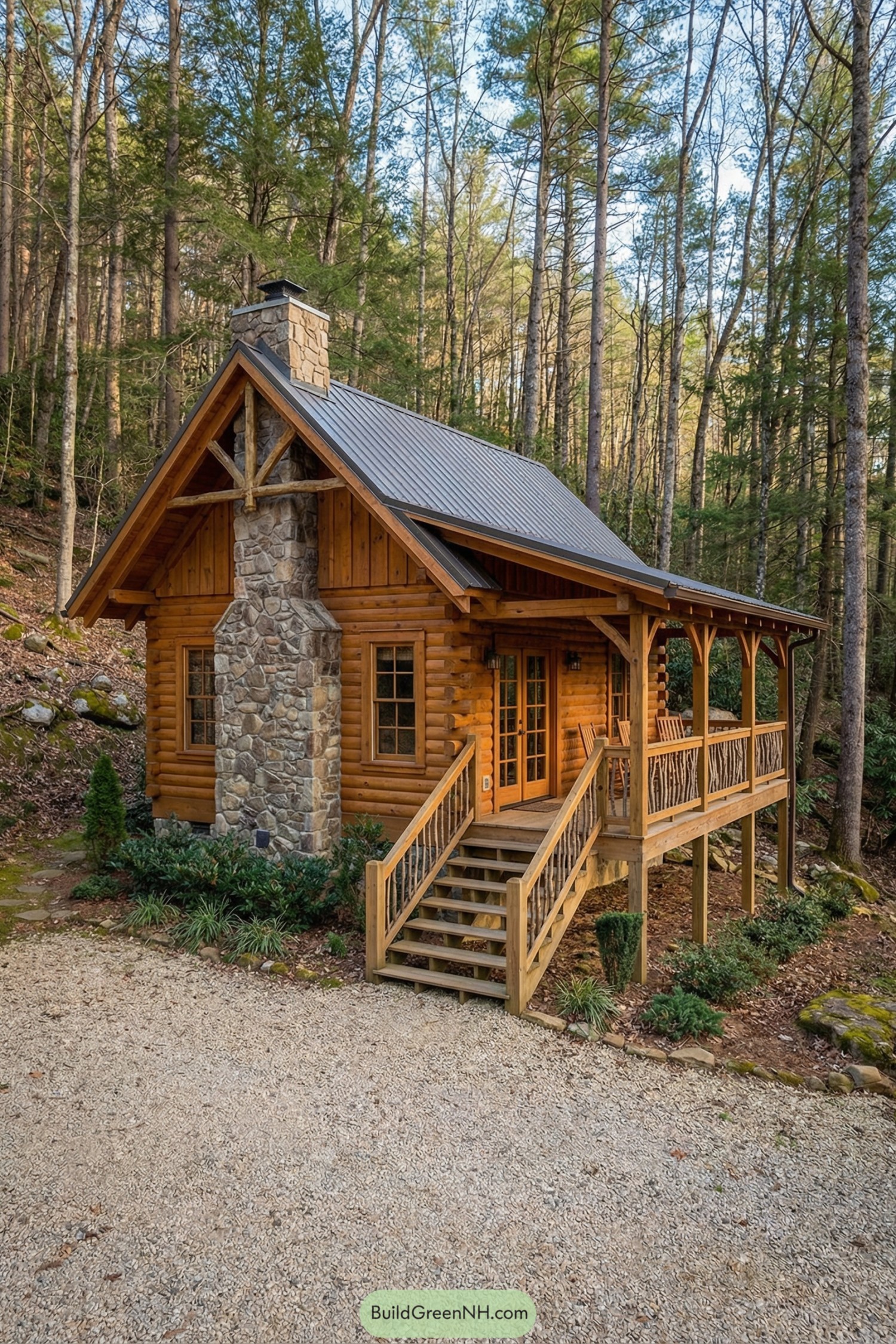 Small log cabin with stone chimney and wraparound porch in a forest setting