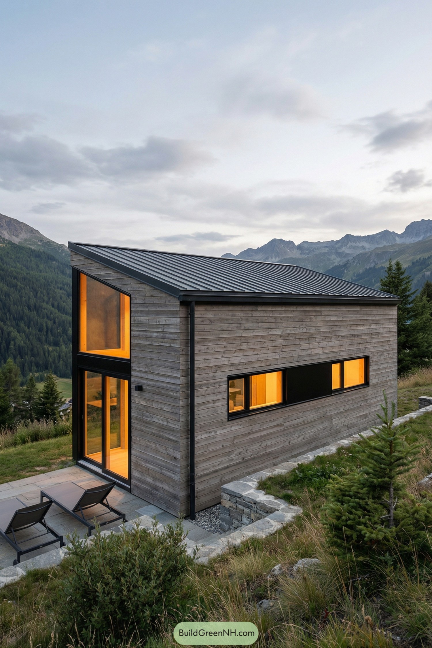 Compact wood-clad mountain cabin with sloped roof and large glowing windows overlooking alpine valley