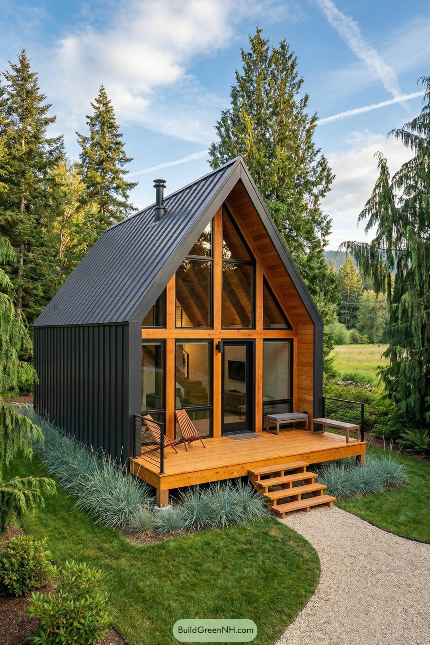 high-res photo of small mountain house, modern A-frame facade with sharp triangular silhouette, front gable fully glazed with large floor-to-ceiling triangular windows framed in black metal, exposed warm-toned timber beams and columns visible behind the glass, exterior cladding in dark charcoal standing-seam metal panels running from roof ridge down to the ground, compact rectangular timber platform extending from the base of the A-frame forming a front terrace, color palette of matte black, natural honey wood, and clear reflective glass; simple steep A-frame structure, narrow width, elongated depth, elevated slightly on short timber posts, clean lines and minimal ornamentation; materials: metal roof and wall sheathing, natural wood framing and deck boards, black metal railings and window frames, dark-painted timber stair stringers; roofing: continuous steep-pitch A-frame roof in dark metal, crisp edges, no overhangs on the sides, small black chimney pipe emerging near the ridge; windows: full-height triangular glazing on the front facade, additional rectangular glass panels set within the triangle, clear glass with subtle reflections of trees and sky; door: central glass door within the glazed front wall, framed in black metal, aligned with the deck stairs, flush and minimal hardware; outdoor area: elevated wooden deck spanning the front, simple black metal guardrail on one side, two wooden lounge chairs and a low outdoor bench, straight wooden staircase with four to five steps leading down to the ground, stairs aligned with a curved gravel path in the foreground; landscaping: dense cluster of low ornamental grasses with blue-green foliage along the base of the deck, neatly maintained green lawn, scattered low shrubs near the house, light-colored curved gravel walkway guiding toward the stairs; surrounding background: lush mountain clearing with tall evergreen trees and a few weeping conifers framing the house, distant open meadow glimpsed between trunks, blue sky with soft white clouds and faint jet trails, warm directional sunlight casting gentle shadows and highlighting the textures of metal, wood, and foliage; real-life photo, high-resolution, architectural photography, soft lighting, cinematic composition.