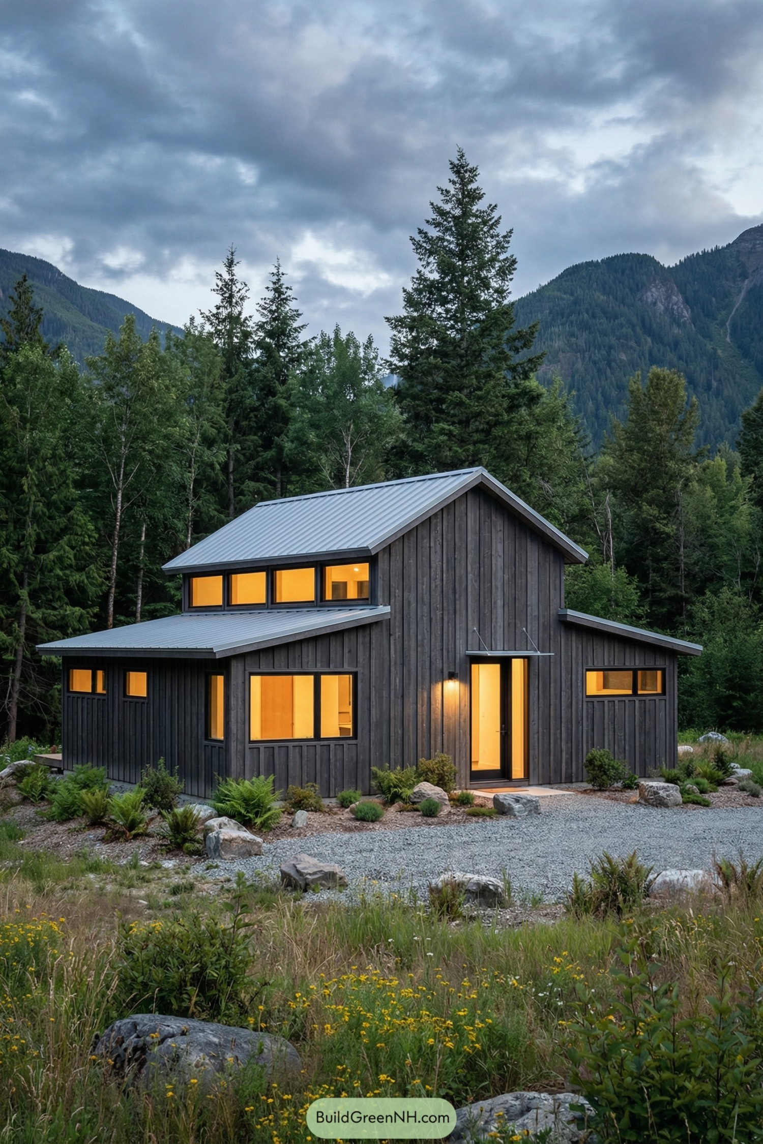Dark wood mountain cabin with metal roof and warm interior lights set in a forest clearing