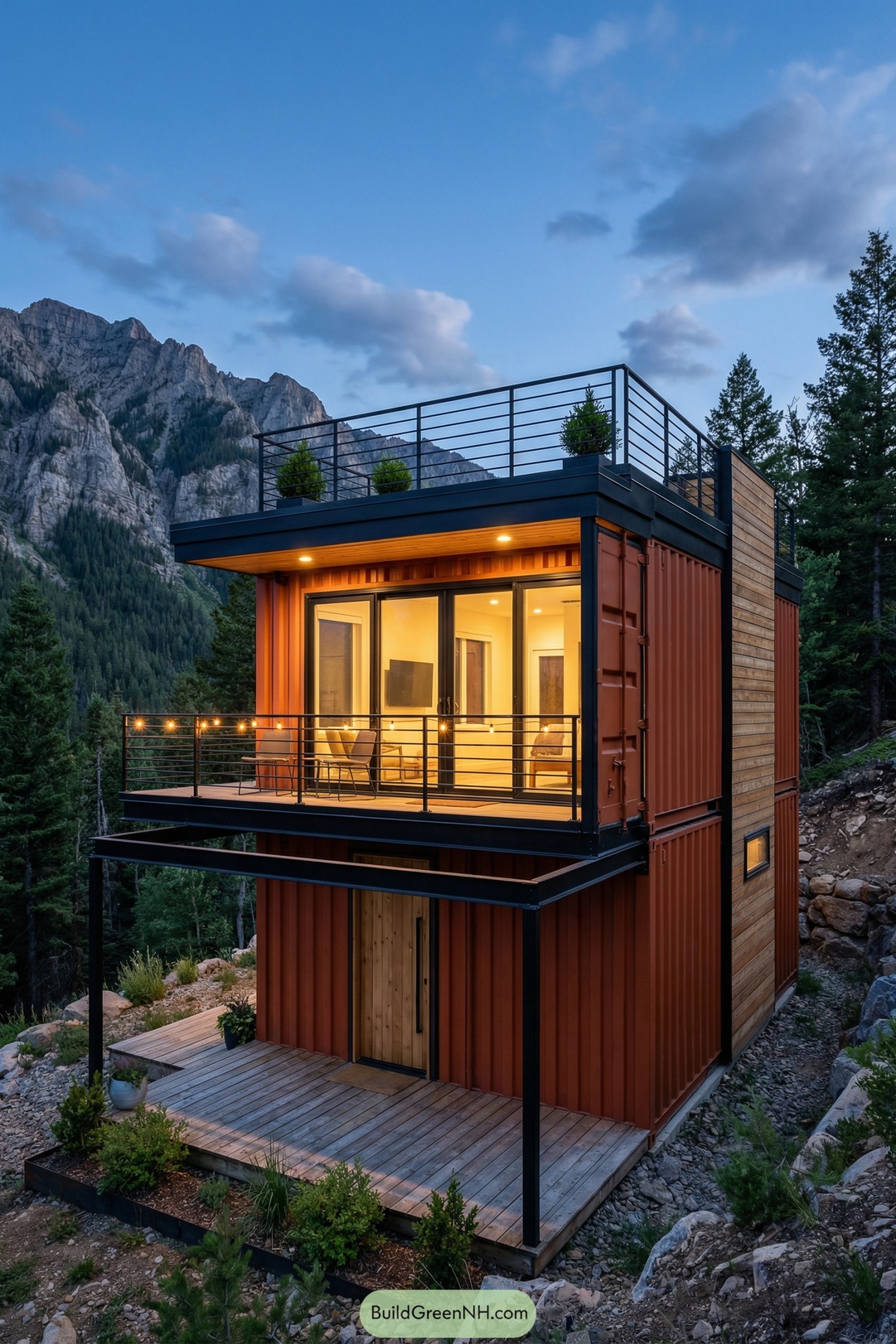 Modern two story container cabin with rooftop deck in pine forest mountains at dusk